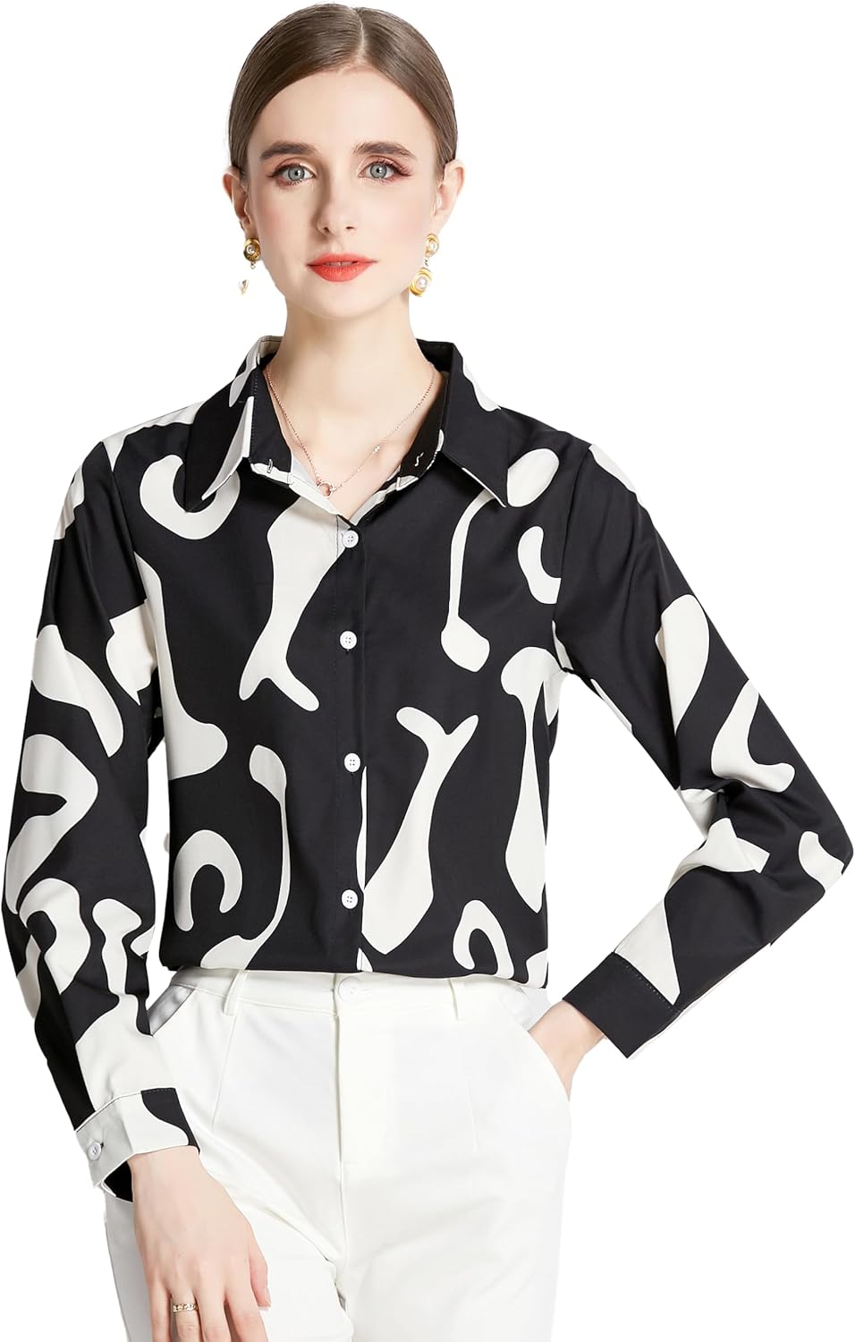 LAI MENG FIVE CATS Women's Long Sleeve Blouse Lapel Collared Floral Print Shirt Button Down Loose Tops