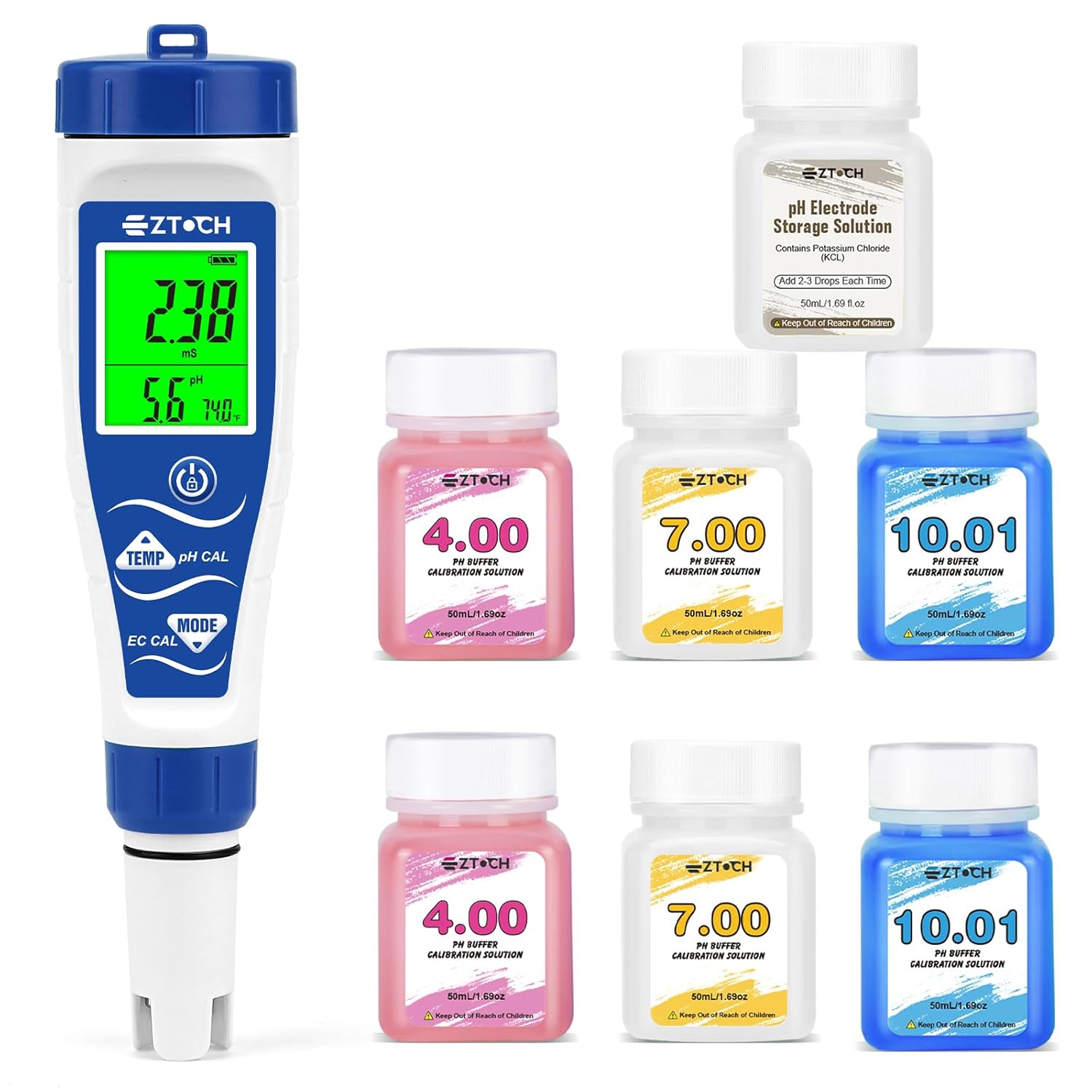 7 in 1 pH Chlorine Salinity EC TDS ORP Temperature Meter with pH4+7+10 Calibration Solution, Each Bottles 50ml, with pH Electrode KCL Storage Solution