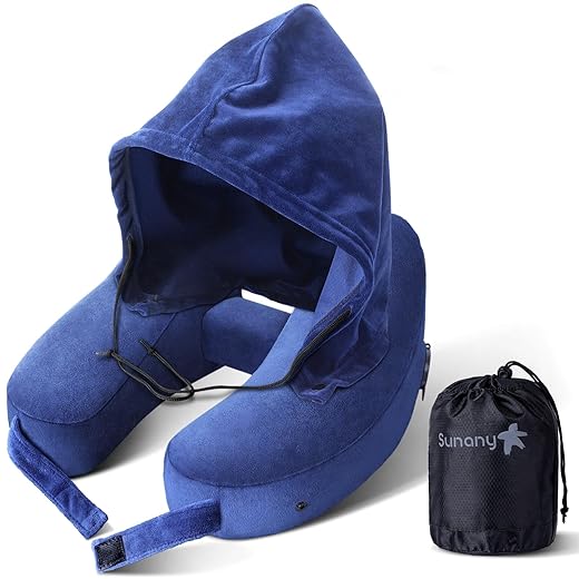 Neck Pillow for Travel Inflatable Airplane Pillow Comfortably Supports Head,Neck and Chin,Inflatable Travel Pillow with Soft Velour Cover,Hat,Portable Drawstring Bag,3D Eye Mask and Earplugs (Blue)