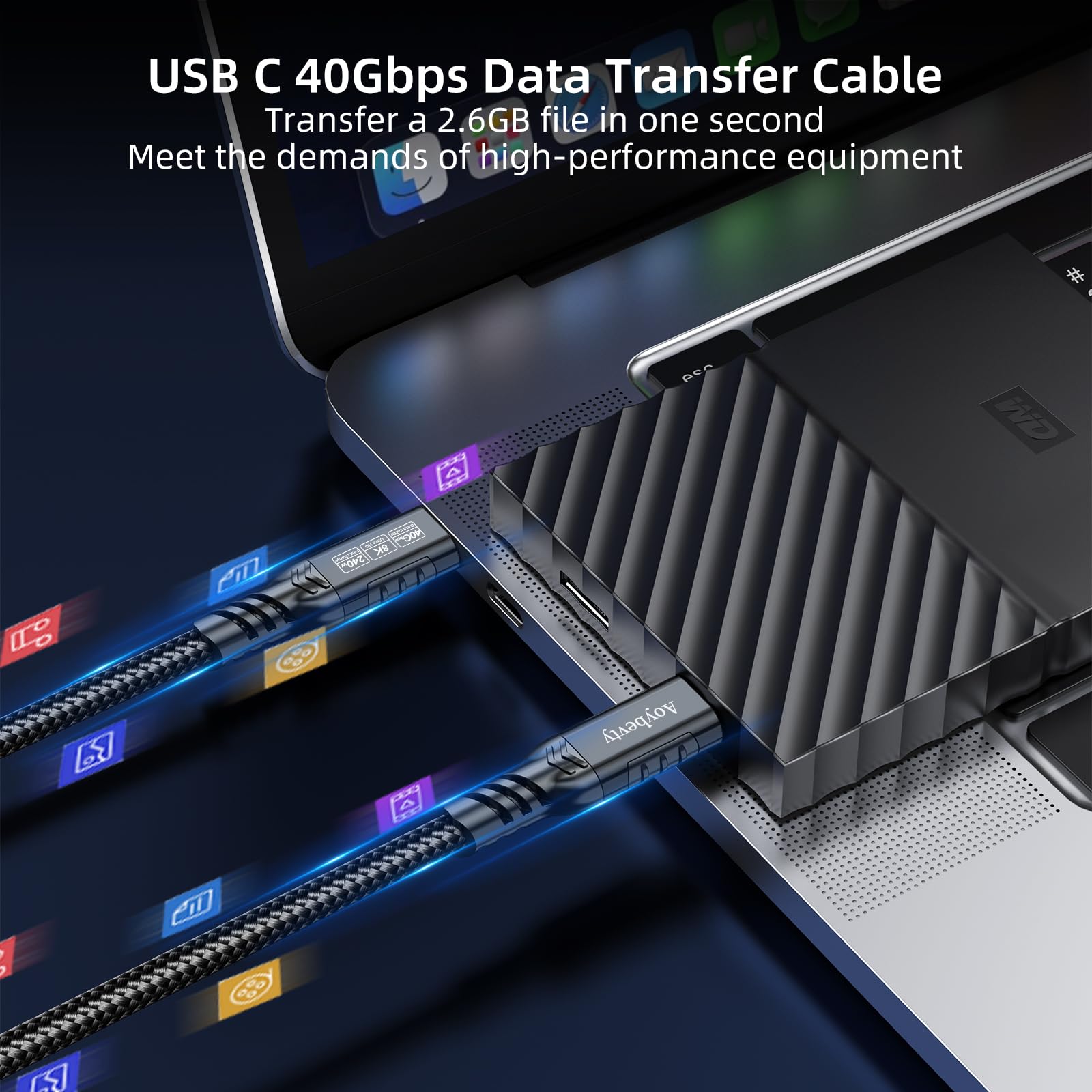 USB-C-Kabel, 240 W, 40 Gbit/s, Datenübertragung, 8K/4K @ 60Hz, Video-Ausgangskabel für Thunderbolt 3/4, für MacBook, iPhone 15/16/17, Samsung Galaxy, USB-C-Handy, Tablet, Laptop und andere