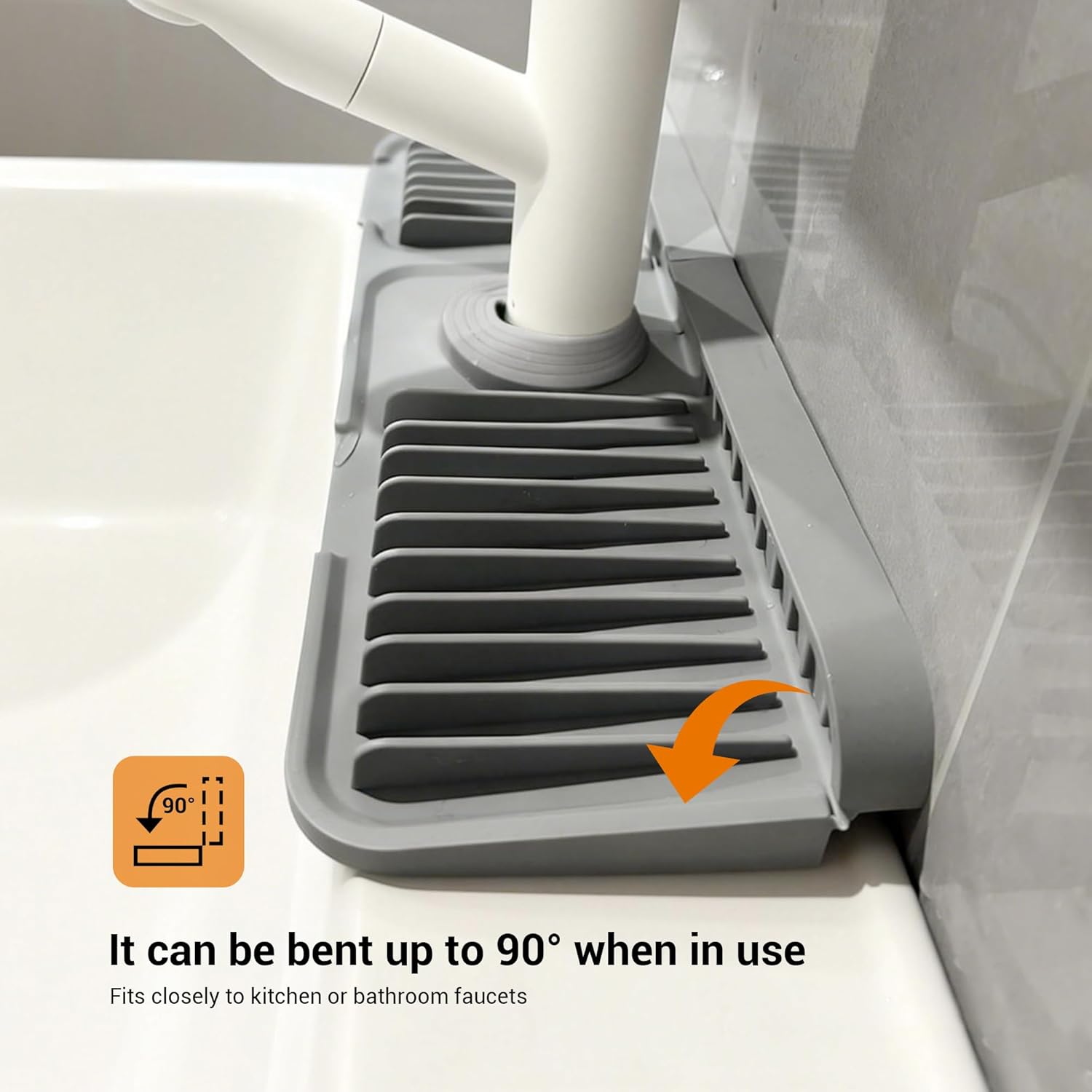 Faucet Mat for Kitchen Sink, 17.7X5.5 Silicone Sink Splash Guard with Soap Holder, Snap-On Design & 7°slope Fast Drain, Folding Sink Faucet Mat for Universal Kitchen Bathroom Sink（Grey）