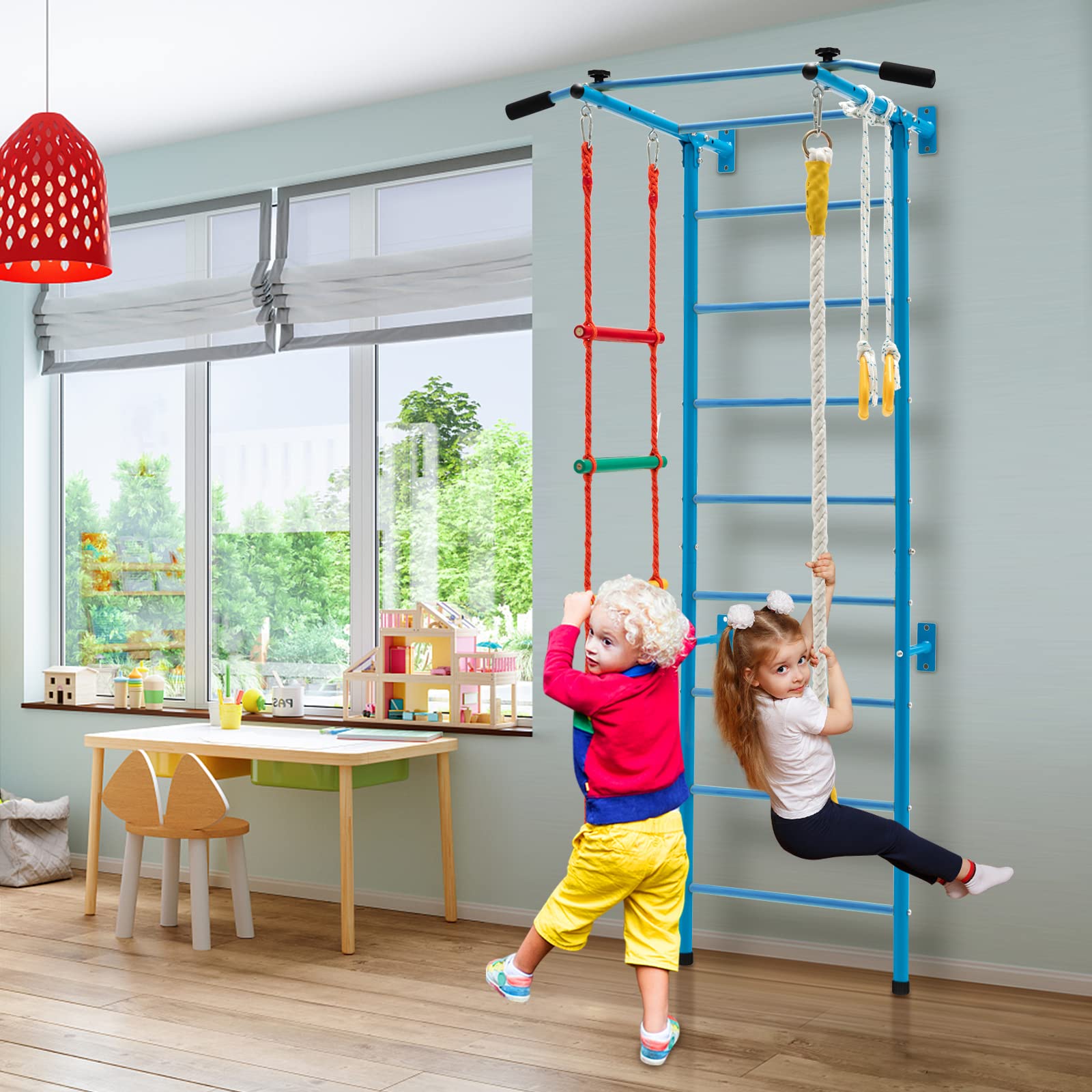 COSTWAY Kinder Kletterwand Sprossenwand Metall, Turnwand Gymnastikgerät Klettergerüst 107x83x223cm, Heimsportgerät für Kinder und Erwachsener bis 100kg