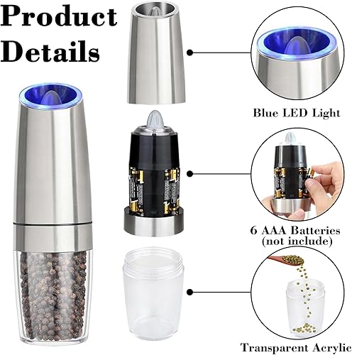 Miniatura 3 de Nedyfix Gravity - Molinillo eléctrico de sal y pimienta, molinillo automático de pimienta, luz LED a pilas con grosor ajustable, color plateado