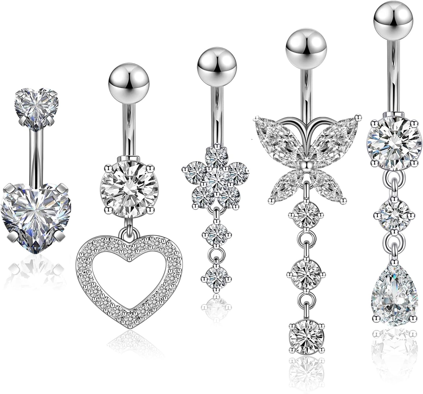5pcs Belly Button Ring 14G 1.6MM Dangle Navel Belly Piercing Jewelry Cute CZ Heart Butterfly Flower Navel Belly Rings Silver Stainless Steel Belly Piercing for Women