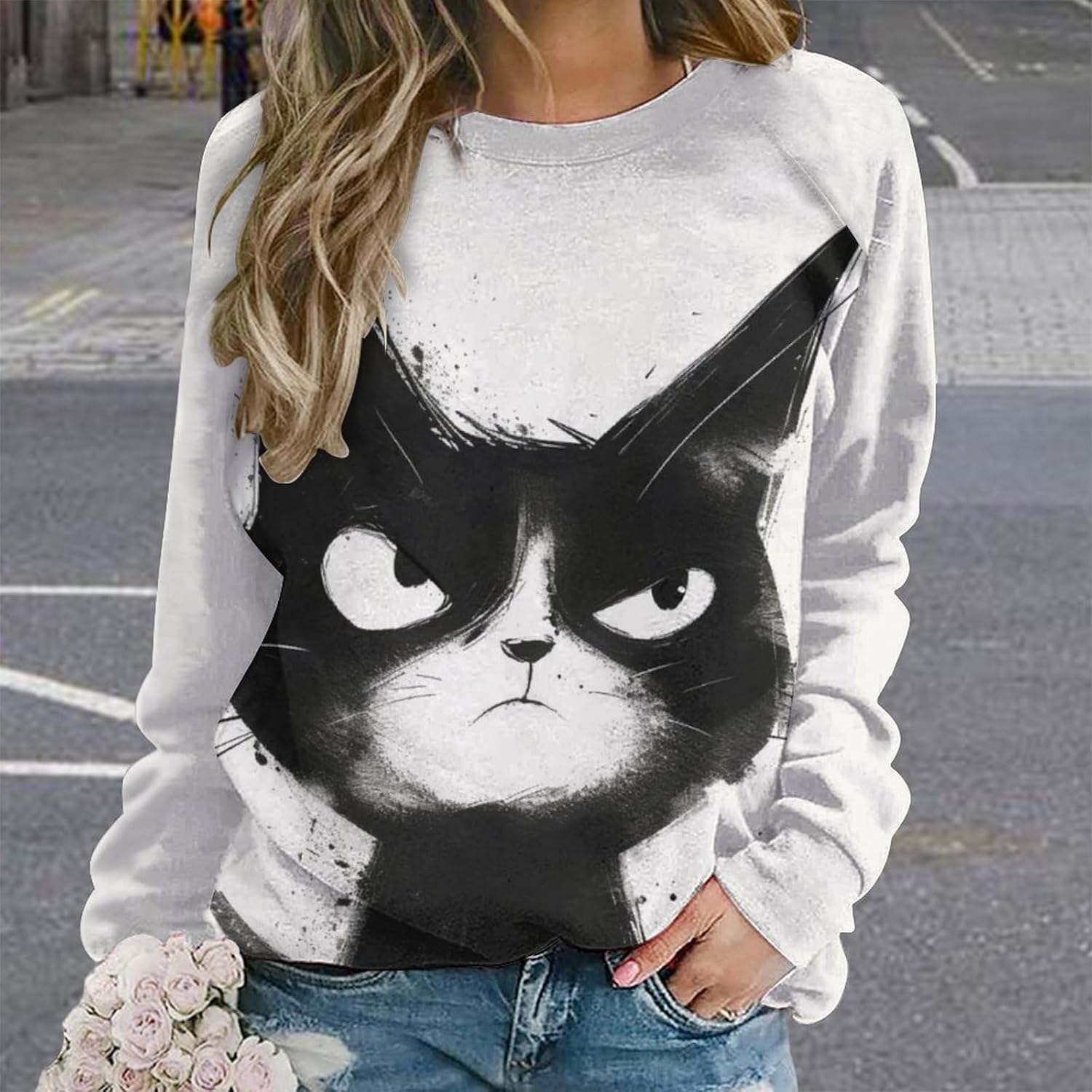 Long Sleeve Shirts for Women Cat Printed Fall Winter Dressy Holiday Casual Fashion Crewneck Tunic Tee Shirts - Image 2
