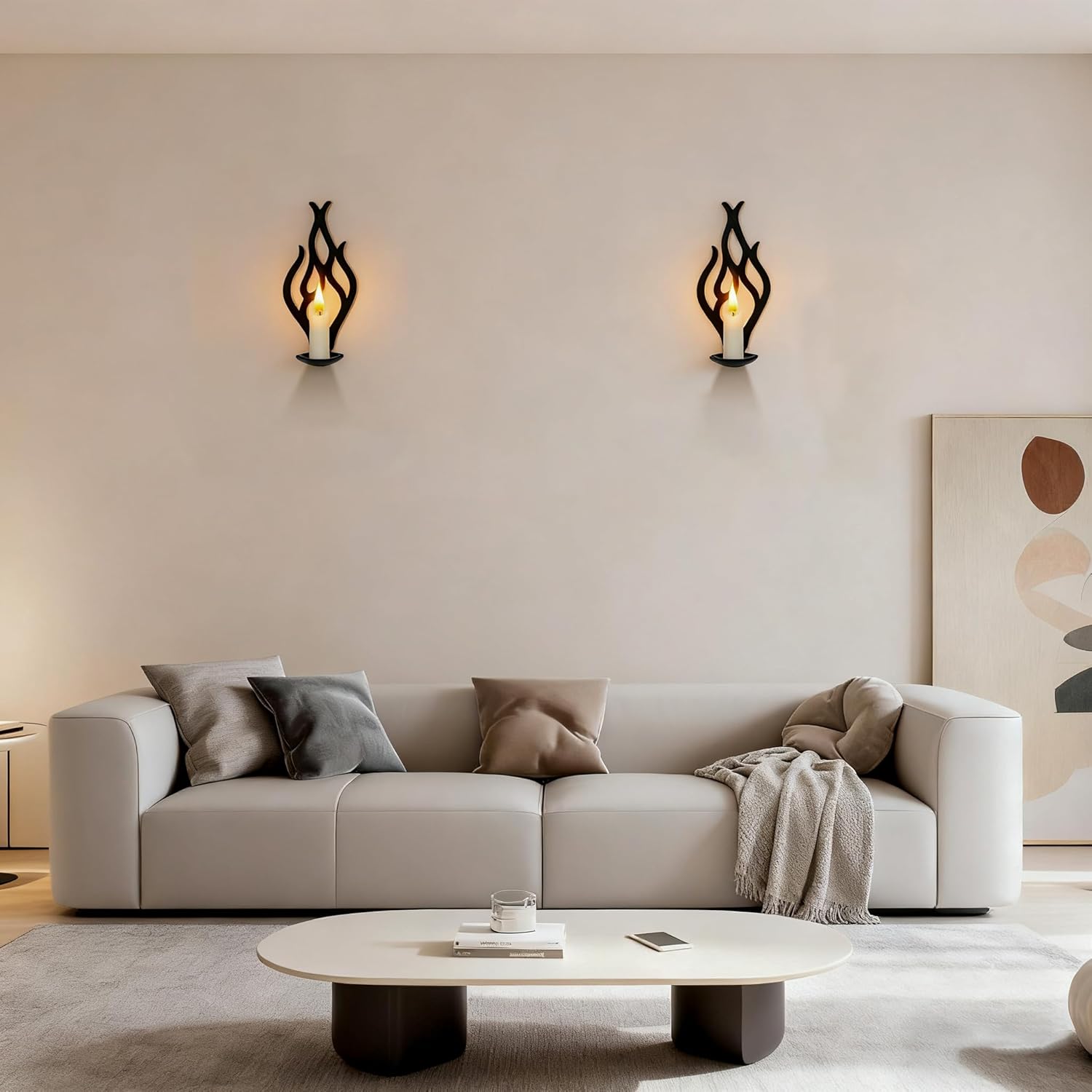 Wall Candle Sconces Set of 2, Modern Minimalist Metal Candle Holders for Pillar, Tealight, and LED Candles, Flame-Shaped Decorative Wall Decor for Living Room Dining Room (Black)