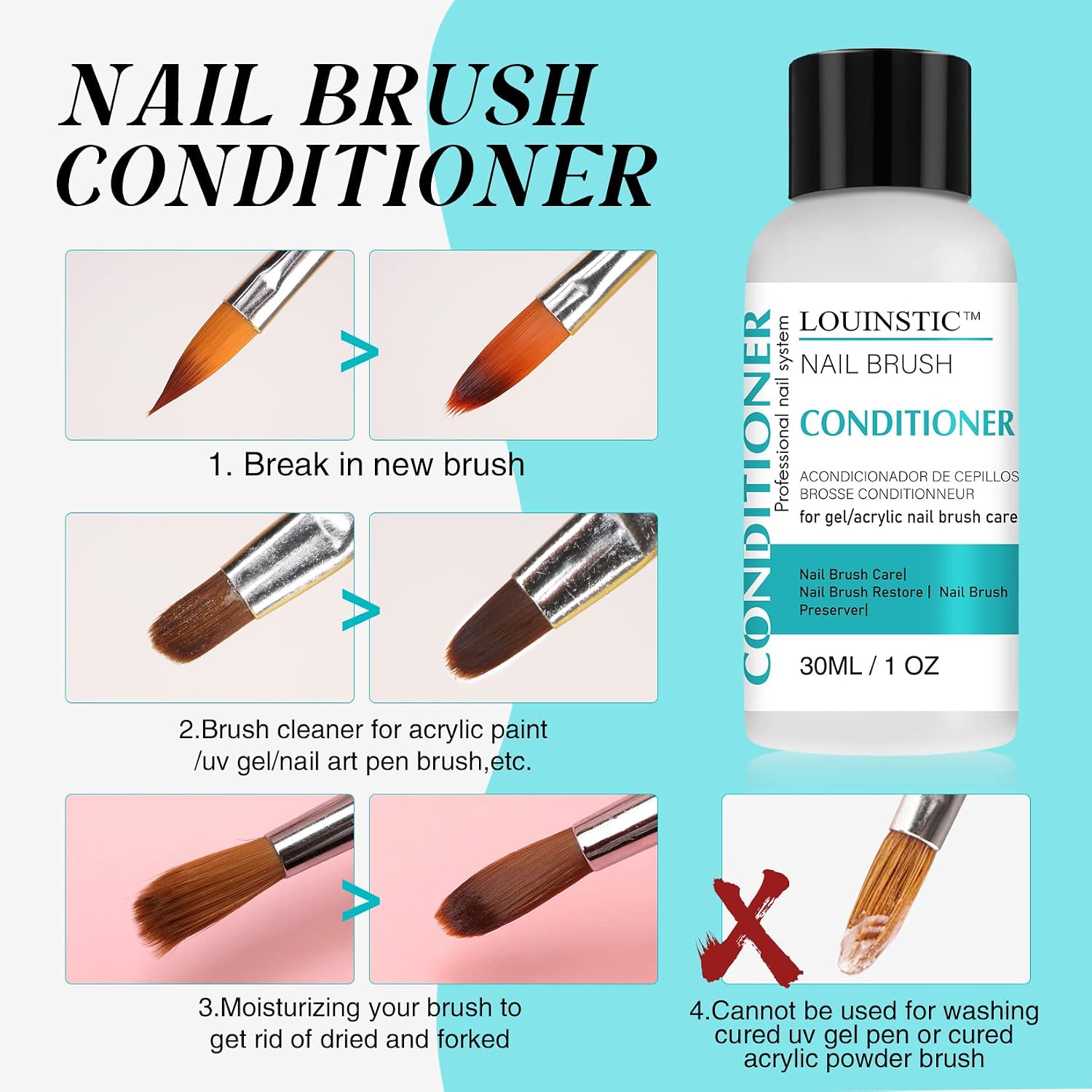 LOUINSTIC Nail Brush Cleaner & Conditioner, 30 ml, for Nail Art Brushes | with Cup, 3-in-1 Cleaner, Conditioner & Restorer Removes Residue, Breaks in New Brushes, and Keeps Bristles Soft.
