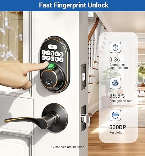 Miniatura 2 de Veise Cerradura de puerta de huellas dactilares con 2 manijas de palanca, cerradura de puerta de entrada sin llave, cerradura de puerta con teclado