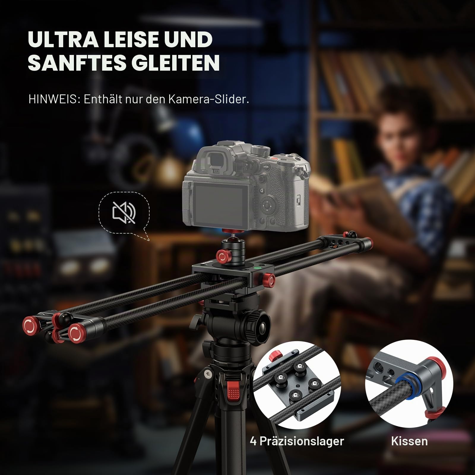 NEEWER 60cm Kohlefaser Kamera Slider Dolly Slider Schiene mit 360° Kugelkopf/Handyklemme/Action Kamera Halterung, 4 Lagern und verstellbaren Beinen, kompatibel mit GoPro Insta360 iPhone Android, CS2M