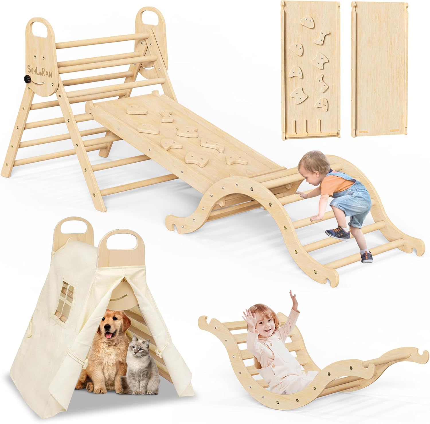 Sehloran Large Size 8 in 1 Pikler Triangle Set with Pinball Game and Tent for Kids, Foldable Toddler Climbing Toys Indoor, Natural Wooden Montessori Climbing Set Jungle Gym with Arch&Ramp&Ladder