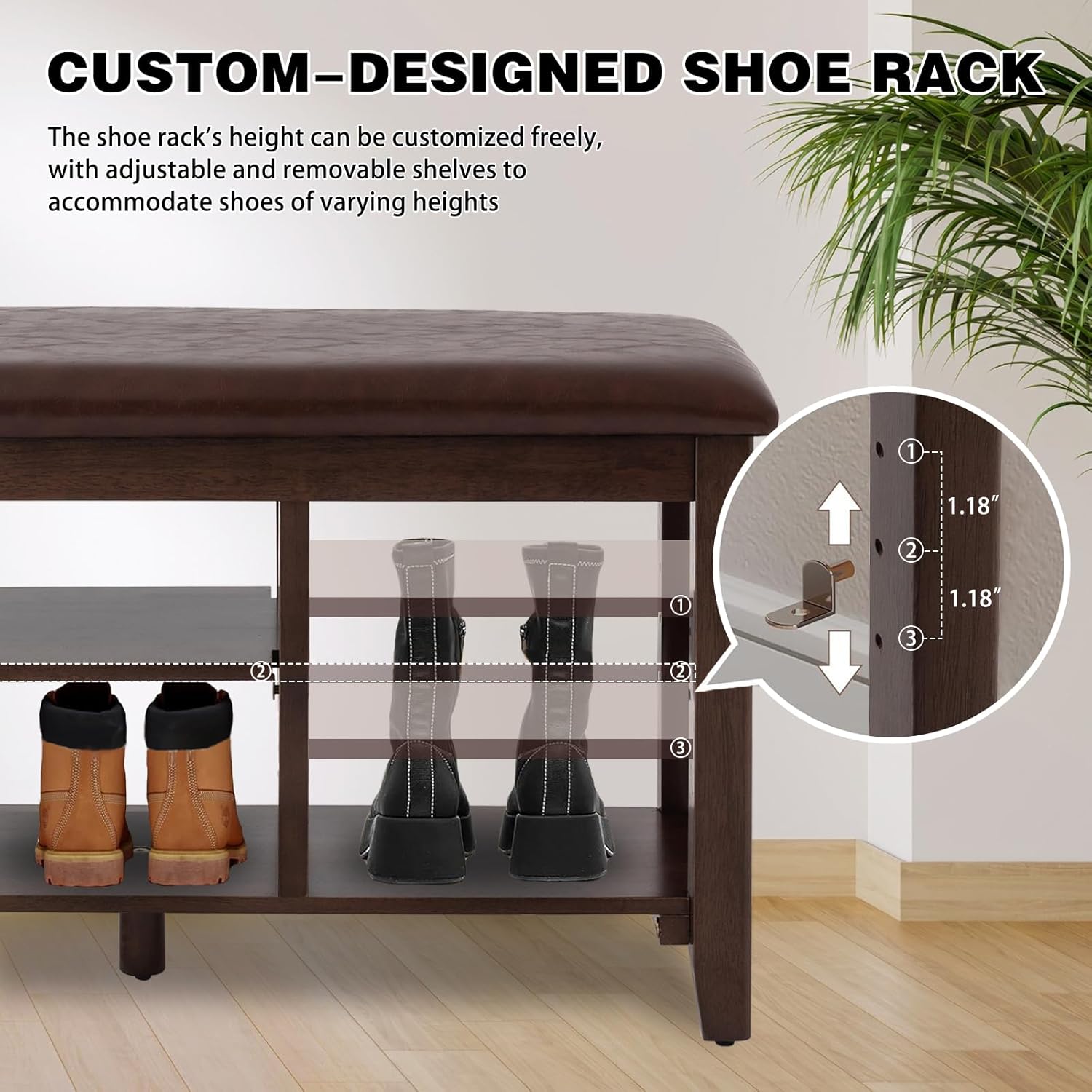 PY HOME & SPORTS Shoe Rack for Entryway 39.4": 2-Tier Shoe Storage Bench, Adjustable/Removable Shelves, Rubberwood Shoe Benches for Hallway, Porch, Bathroom, Brown