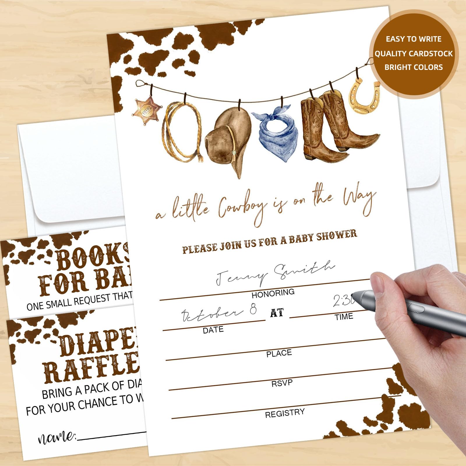 Moonle Baby Shower Invitations with Envelopes, Diaper Raffle Tickets and Baby Shower Book Request Cards, Cowboy theme babyshower party supplies, Set of 25