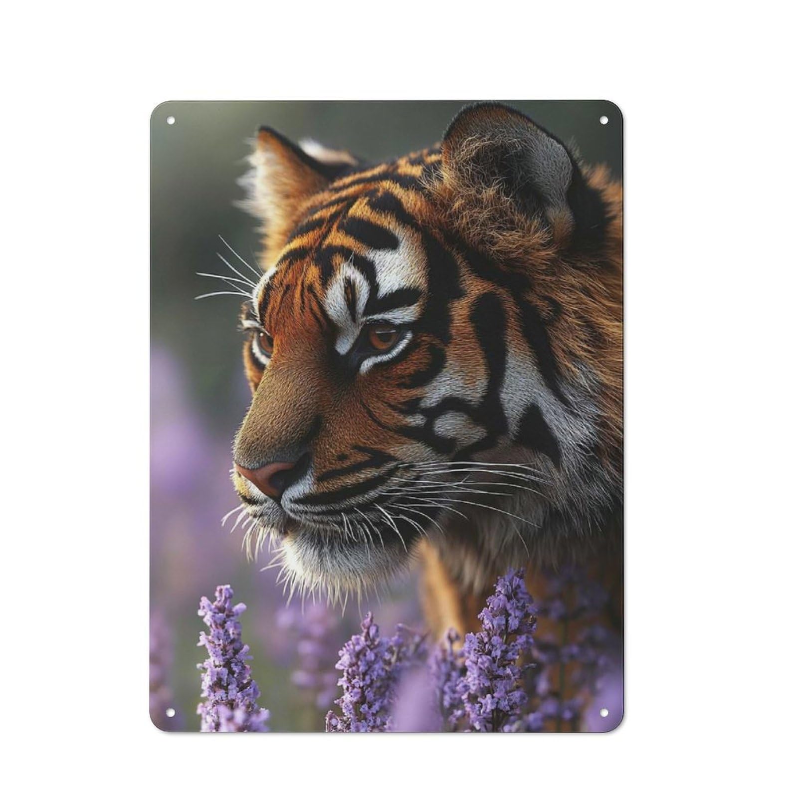 Metal Sign 40x30cm with Tiger in Lavender Field Portrait for Workshop Wall, Rustic Decor, Wall Decoration for Workshops And Hobby Rooms