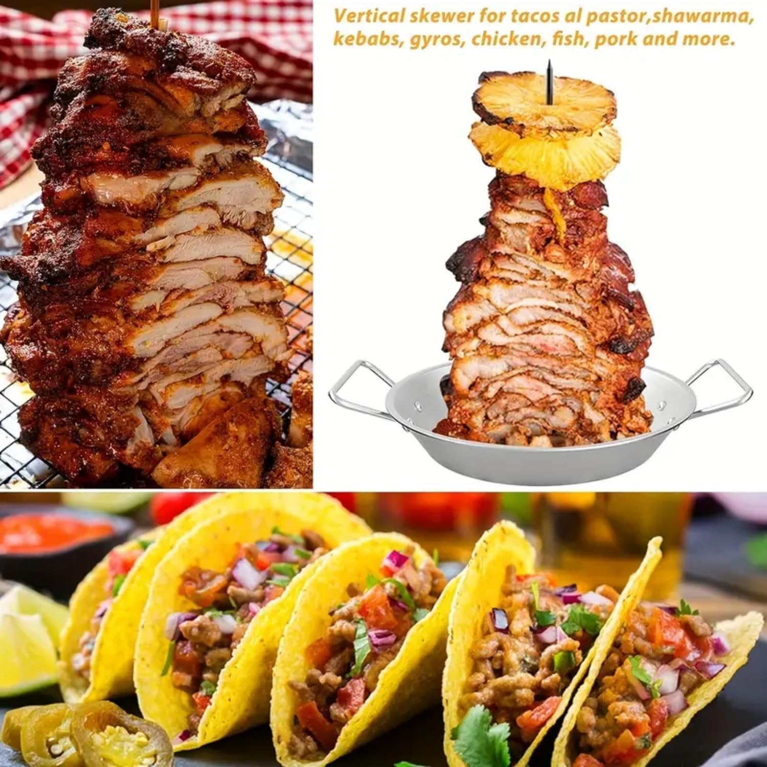 Vertikaler Spieß aus 304 Edelstahl, 25,4 cm, für Gyro-Kochen, ofenfeste Schale mit Spieß, perfekt für Kebabs, Grillen und Grillen, langlebig und leicht zu reinigen