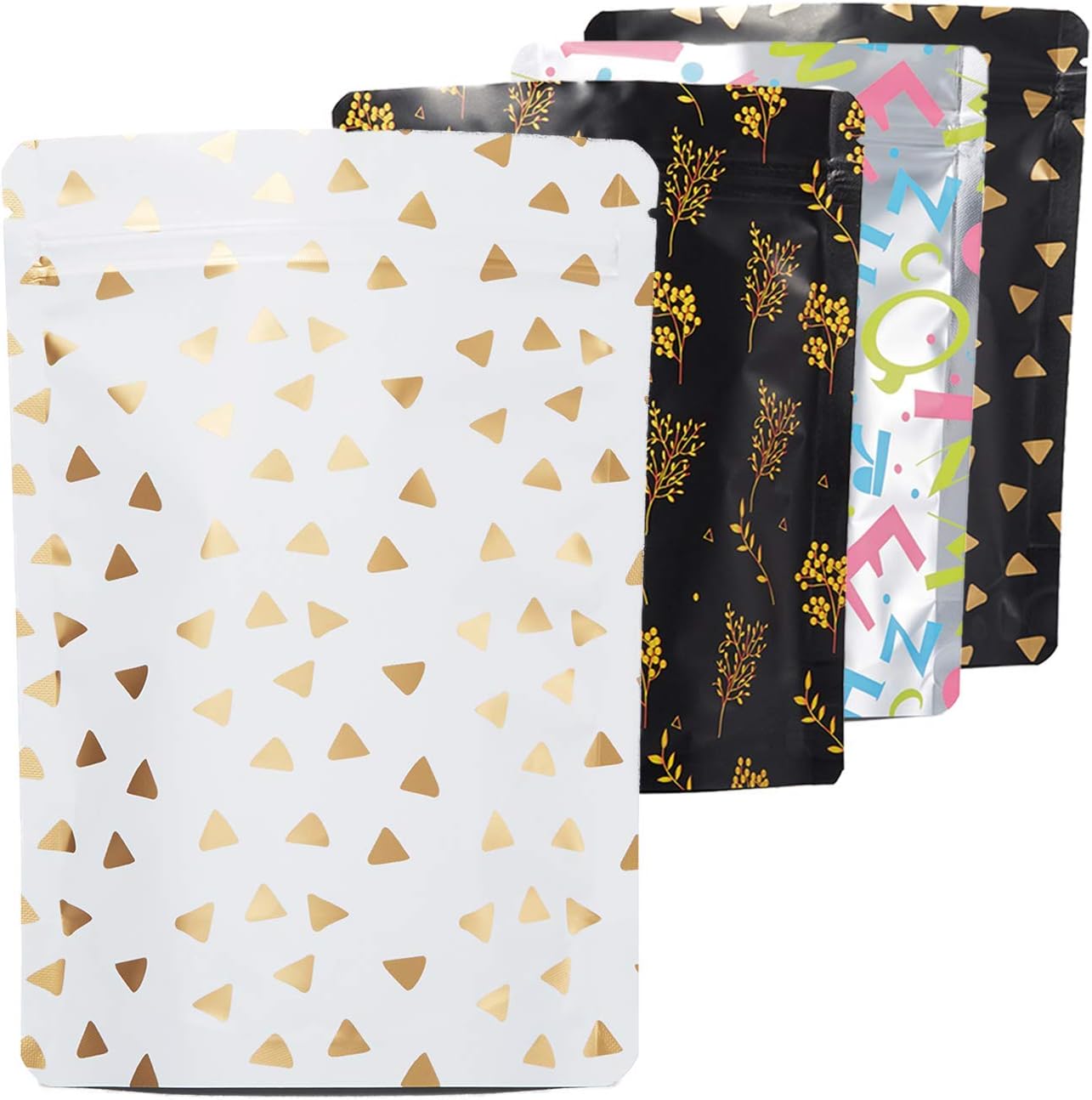 50 Stand Up Mylar Bags, 5x7 Inch (3oz) Resealable Smell Proof Bags, Aluminum Foil Airtight Ziplock Bags for Food Safe Storage (White-Triangle)