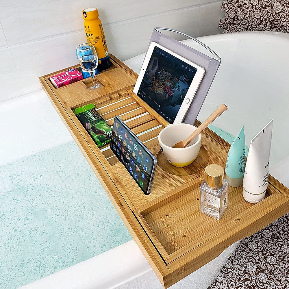 Support Serviette Bain Bambou Extensible 70-105cm - Plateau Baignoire Avec Porte-Verre, Support Tablette Et Lecture