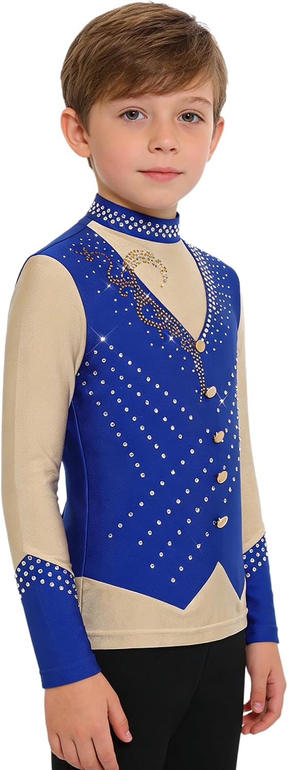 Linjinx Kids Boys Figure Skating Shirt Long Sleeve Color Block Sparkly Rhinestones Training Practice Latin Dance Tops