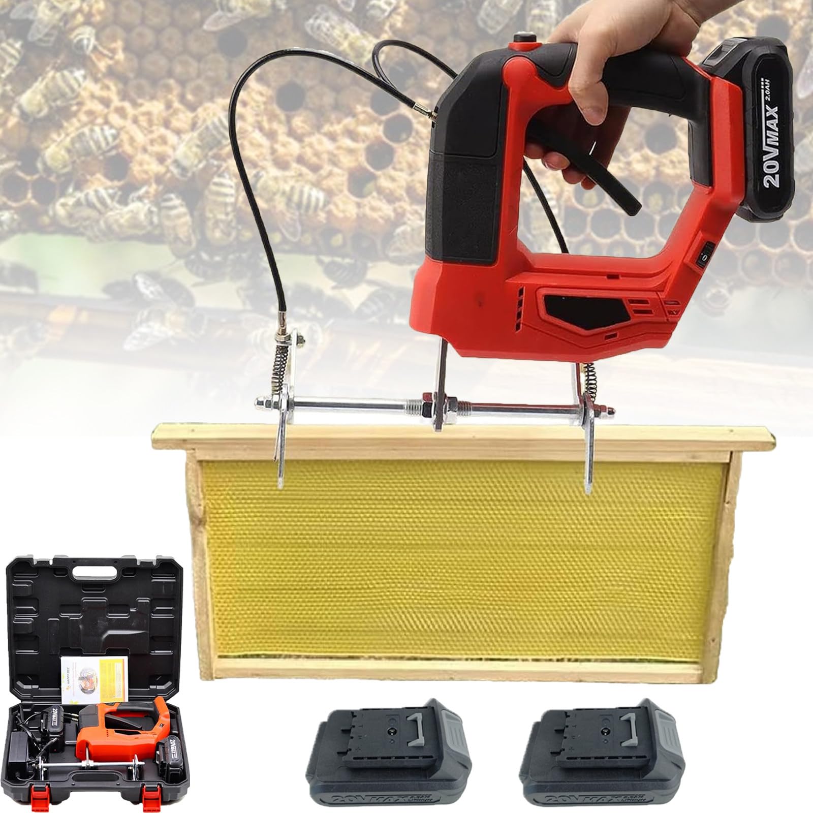 Atwynd Cordless Bee Frame Shaking Tool, Electric Beehive Frame Rechargeable Bee Remover with 2000mAh Lith Batteries for Beekeepers Farm, Beekeeping Wireless Bee Shaker Equipment Red-2batteries