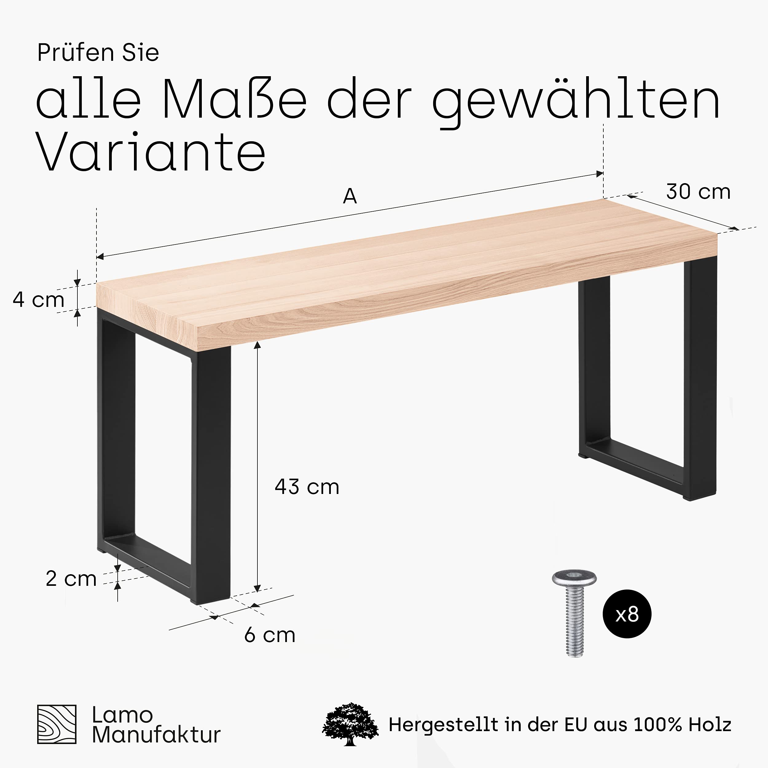 LAMO Manufaktur Panca per sala da pranzo 30x100x47 cm (Lar x Lun x Alt), gambe per mobili Simple Nere/Seduta grezza, LSB-01-A-001-100-9005S