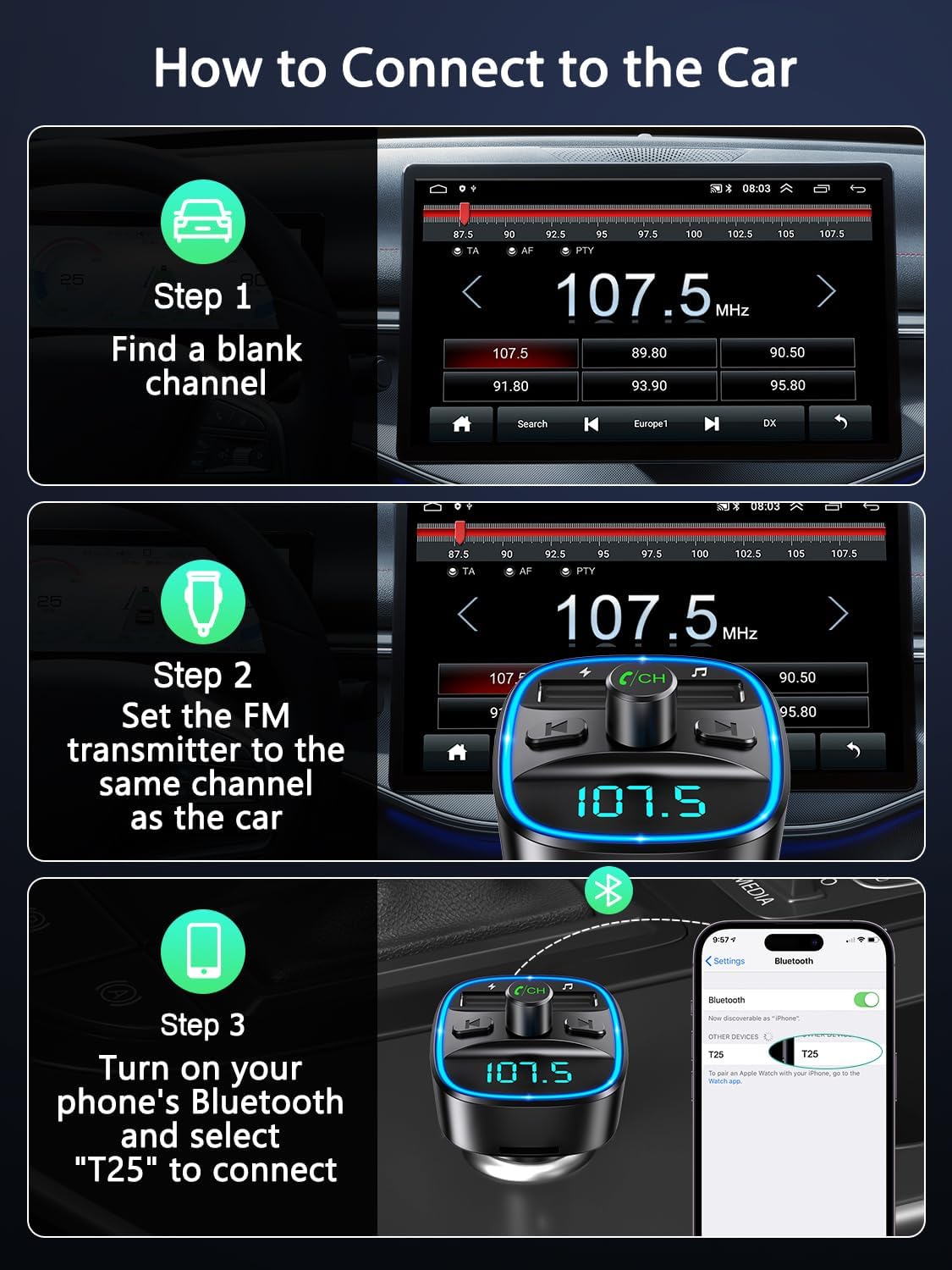 ORIA Trasmettitore FM Bluetooth 5.3, Trasmettitore Bluetooth per Auto, Adattatore QC3.0 USB Caricabatteria Auto con Chiamata Vivavoce e 2 USB Port, Supporta Carta TF e Disco U