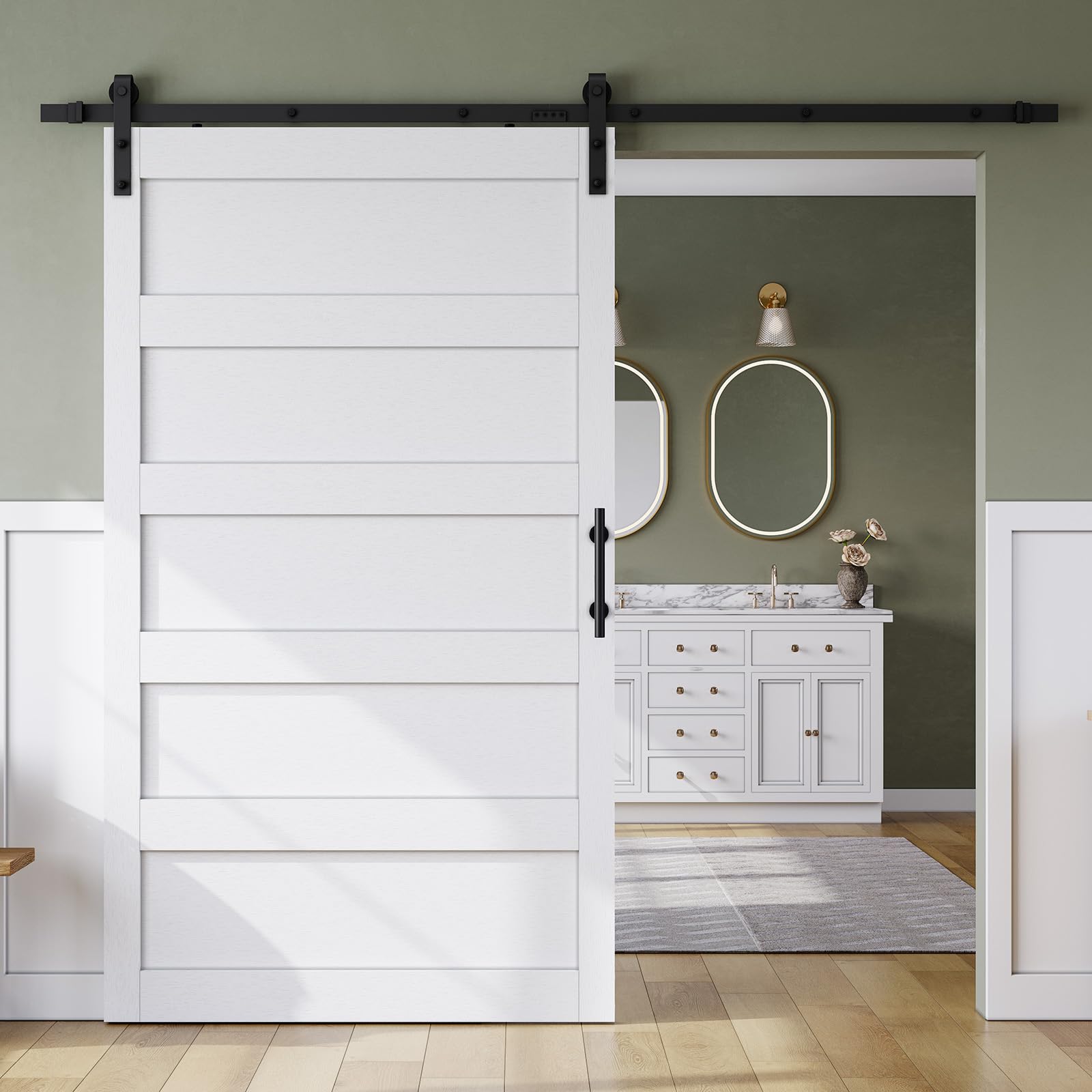 SmartStandard 48in x 84in Sliding Barn Door with 8FT Barn Door Hardware Track Kit & Handle, Waterproof PVC Surface, Pre-Drilled Holes Easy to Assemble, Solid, MDF, White, 5-Panel