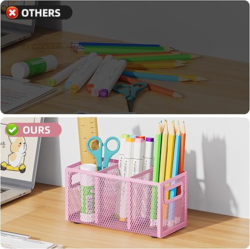 Miniatura 5 de Marbrasse Soporte de malla para bolígrafo, organizador de escritorio, 3 compartimentos ajustables, vaso para lápices con asa, perfecto para aula,
