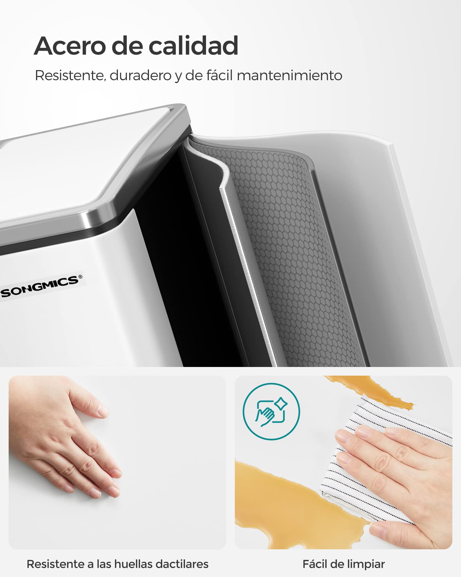 SONGMICS Cubo de Basura de Cocina, 2 x 15 L, Cubo con Cubeta Doble para Reciclaje y Residuos, con Pedal, Tapas de Cierre Suave, para Familias Pequeñas, Acero, Blanco Nube LTB30WT