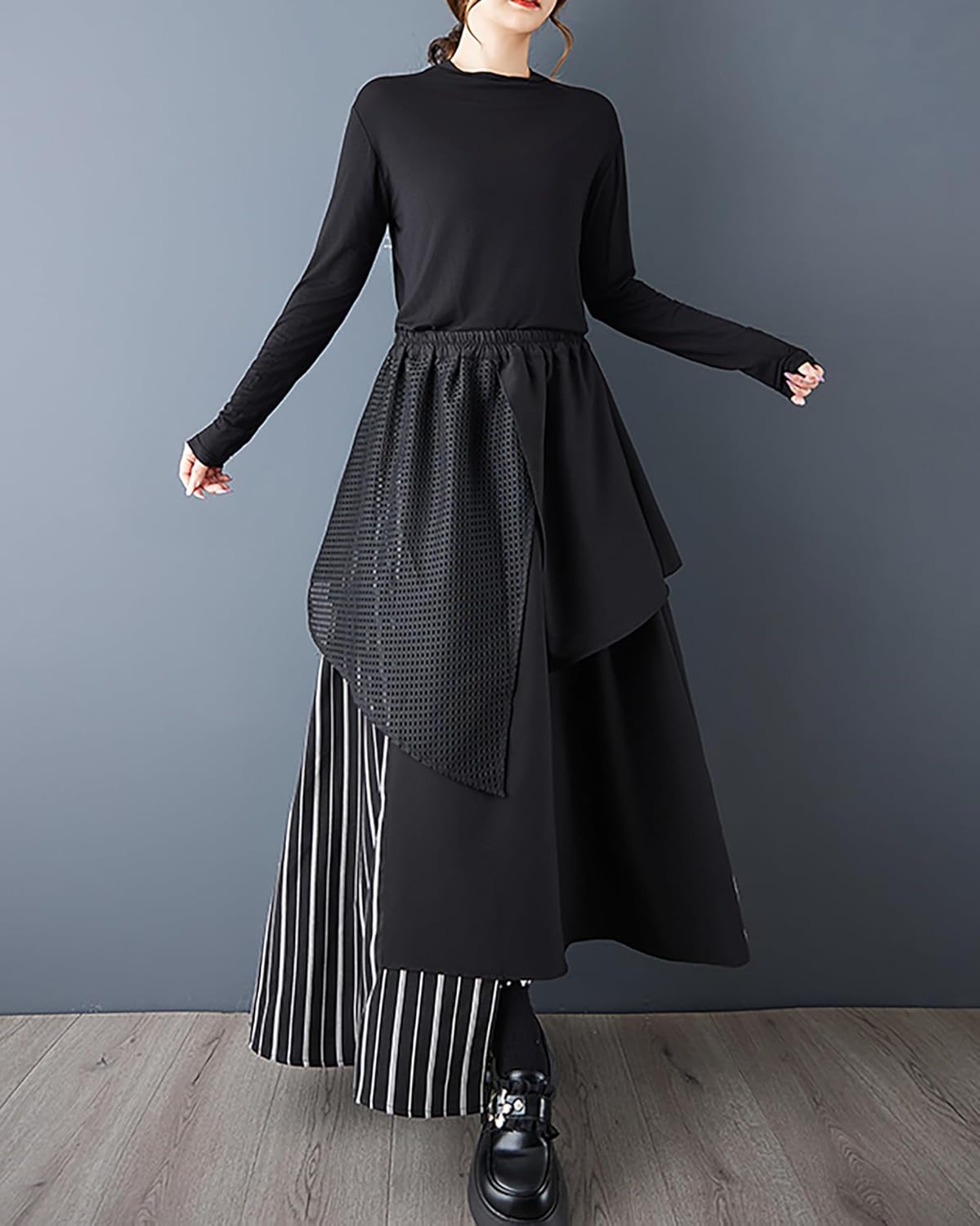 ellazhu Women's Skirt Loose Oversize Patchwork Maxi Hem High Elastic Waist Side Pockets GZ762 A