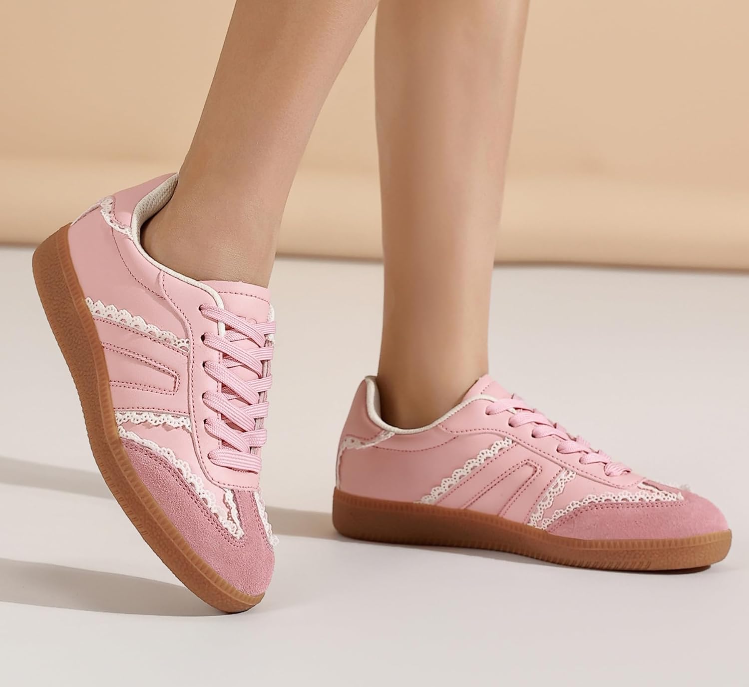 Women's Retro Gum Sole Fashion Sneakers-Lace Detail Casual Retro Walking Shoes-Gum Sole Casual Tennis-Anti Slip Trainers - Image 2