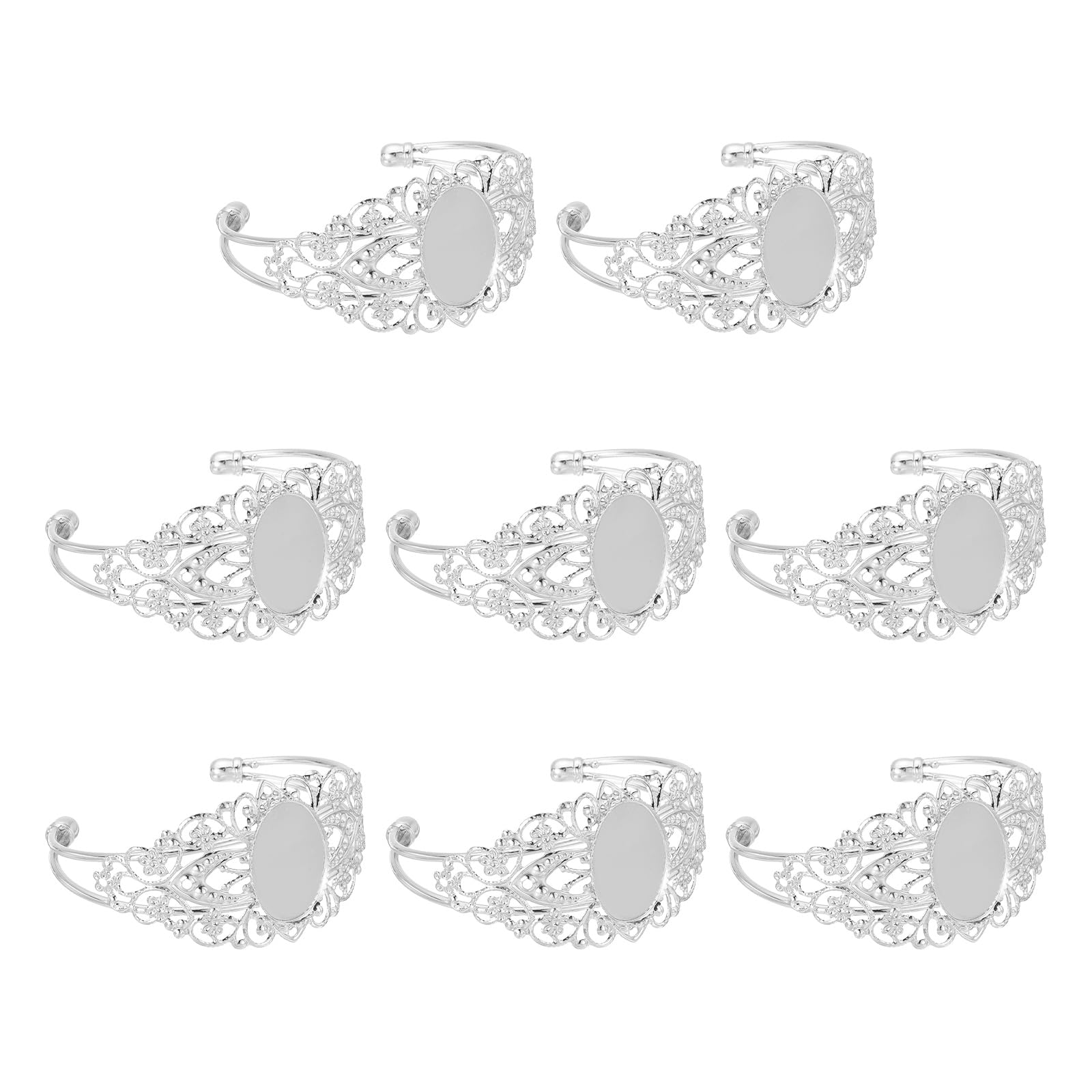 sourcing map 8 Pcs Tray Blank Bracelet Setting Brass Flower Cuff Bangle Oval Tray Setting Blank Bangle for DIY Jewelry Making Crafting Bracelets, Silver