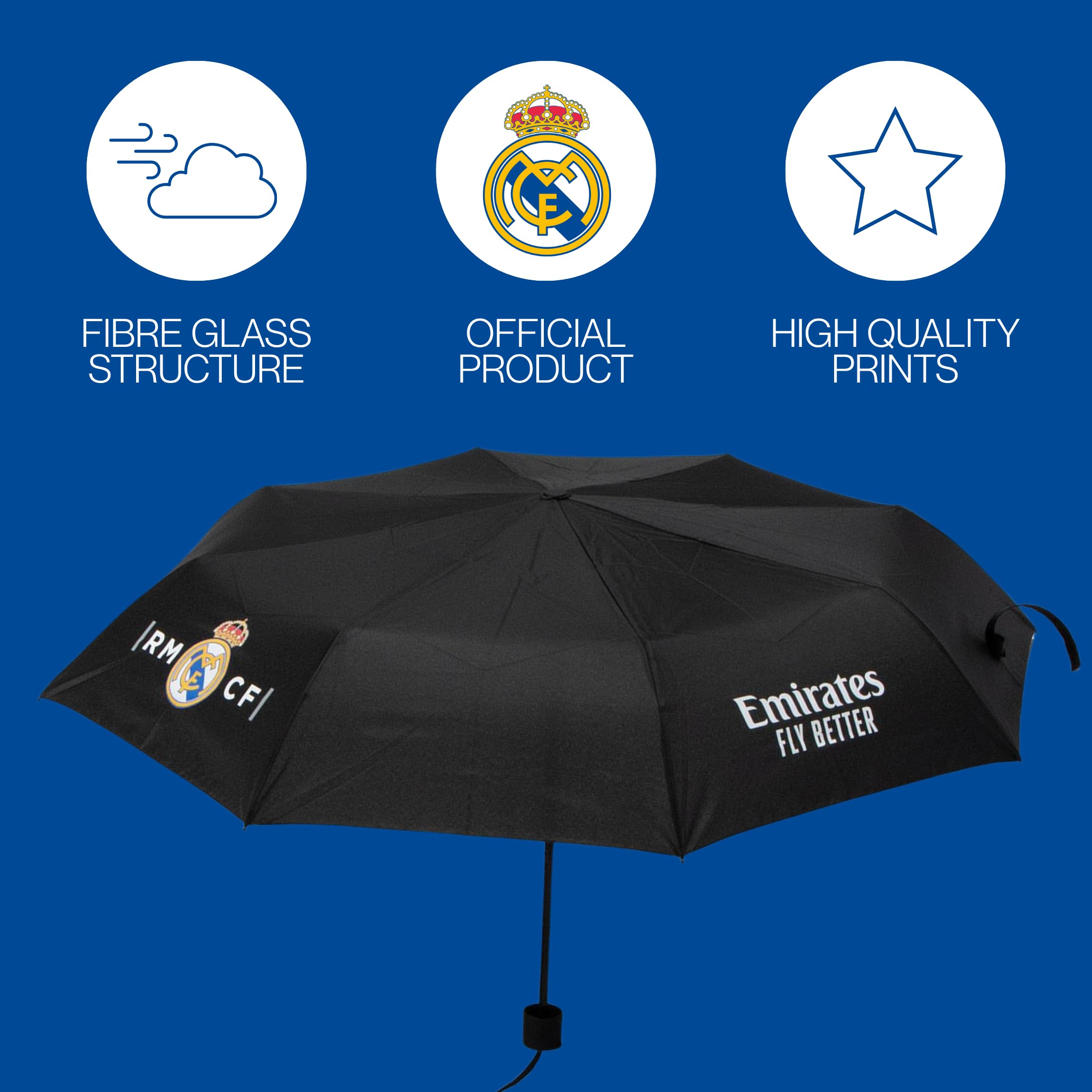 CF REAL MADRID Kompakter Faltregenschirm für Erwachsene, Hochfeste Konstruktion, Klassisches Design