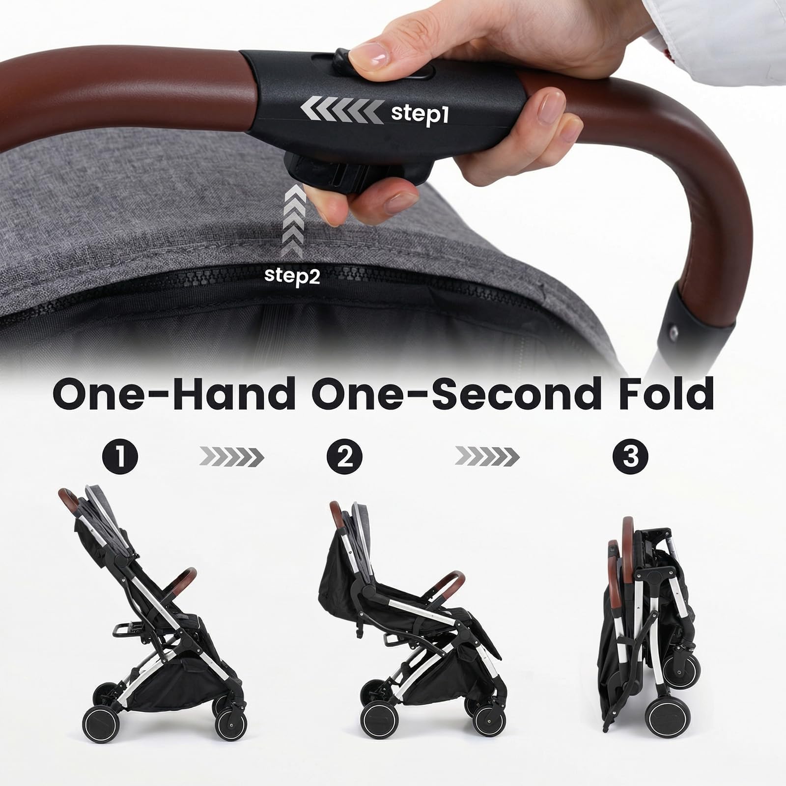 INFANS Travel Stroller, Lightweight Compact Baby Stroller for Airplane with One-Hand Fold, Multi-Position Recline, Canopy, 4 Wheel Suspension, Storage Basket (Grey+Silver) - 5