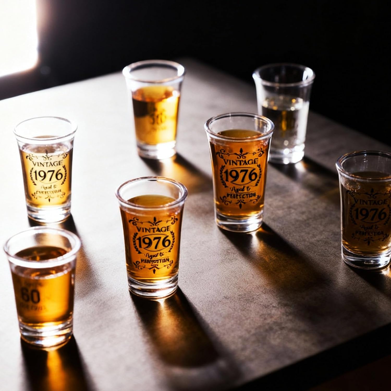 Sliner 48 Pack Birthday Shot Glasses Bulk, 1.4oz Plastic Vintage Birthday Party Favors for Guests, Mini Cheers 40/50/60 to Years Black Shot Glass, Decoration Gift(Vintage 1976)