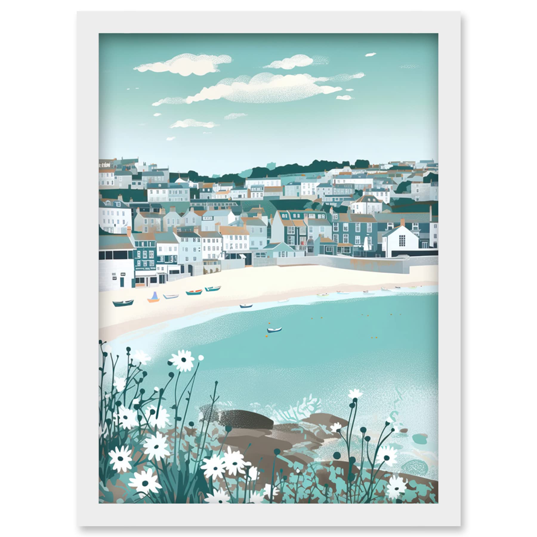 Artery8 St Ives Bay Daisies Soft Pastel Coastal Cityscape Artwork Framed Wall Art Print A4
