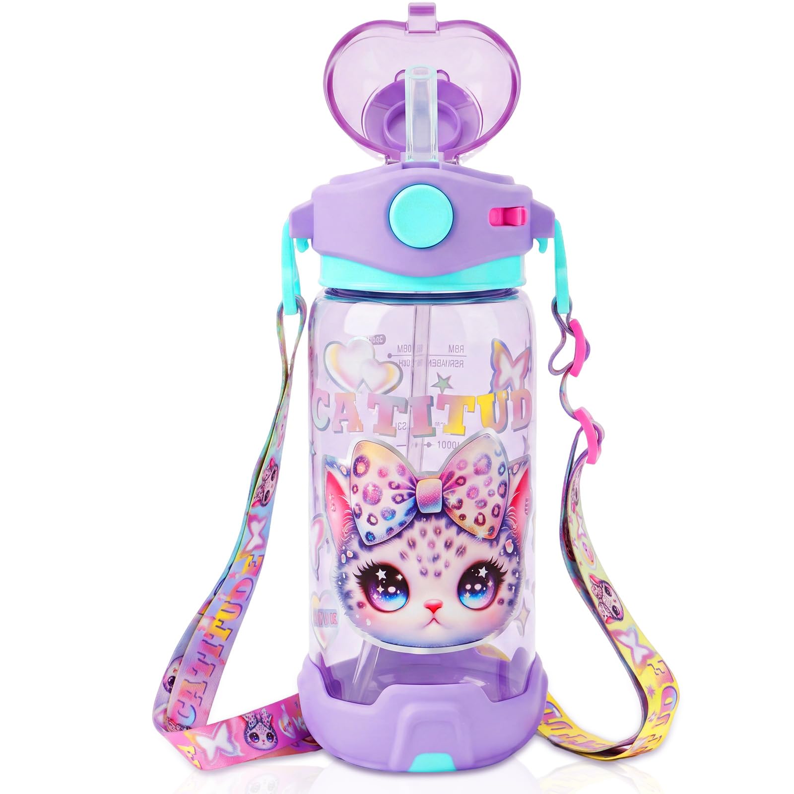PinkSheep Kids Water Bottle with Straw/Lanyard, 650ml Child Drinking Water Bottle, BPA Free Leak-Proof Locking Flip Lid for Kids Girls Boys 4-8 Year School Sport Travel (Cat A)