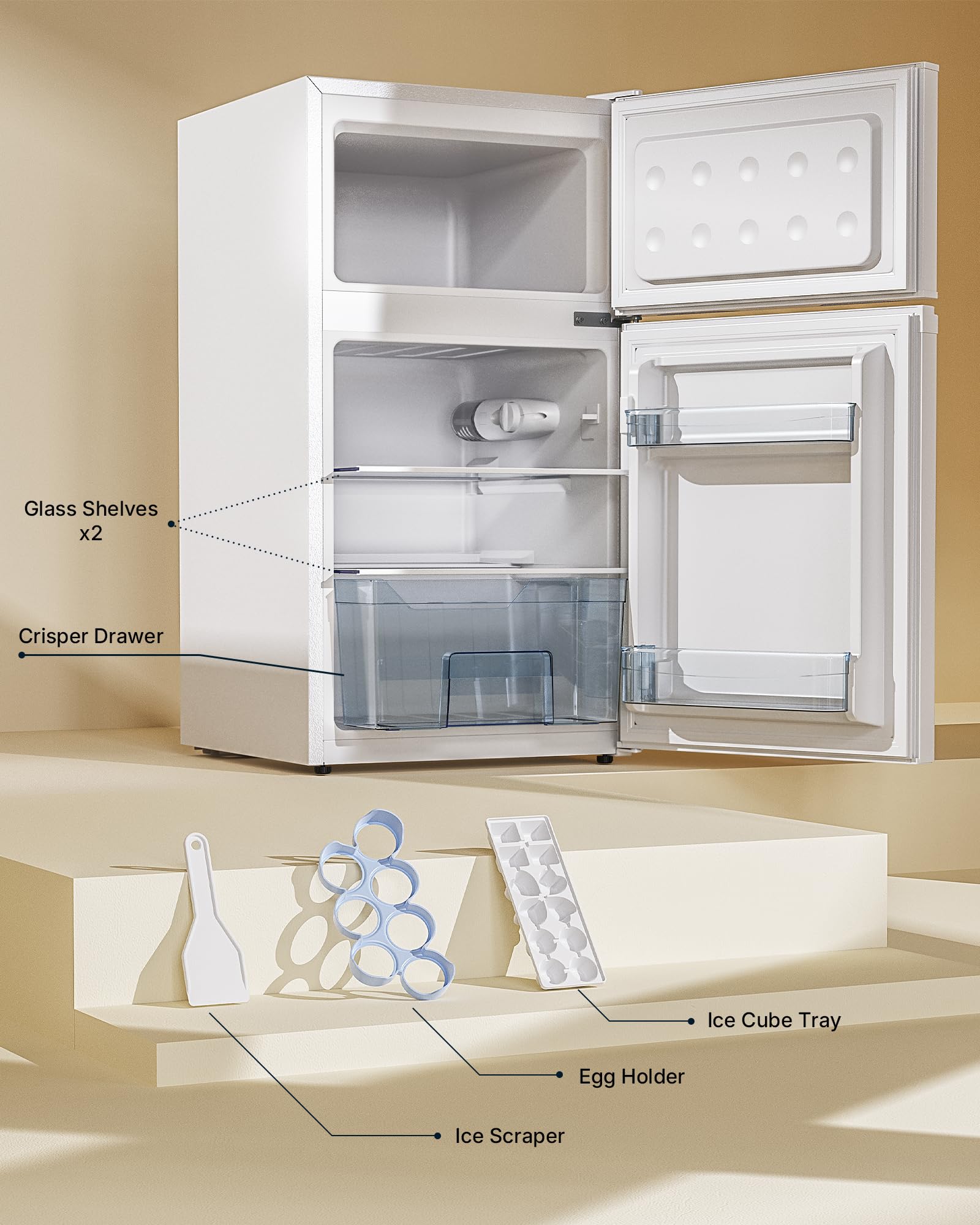 Upstreman 84L Under Counter Fridge Freezer, Small Refrigerator with Freezer, 39dB Quiet & LED Lighting, Freestanding Fridge with Reversible Doors, TM84 White — view 10