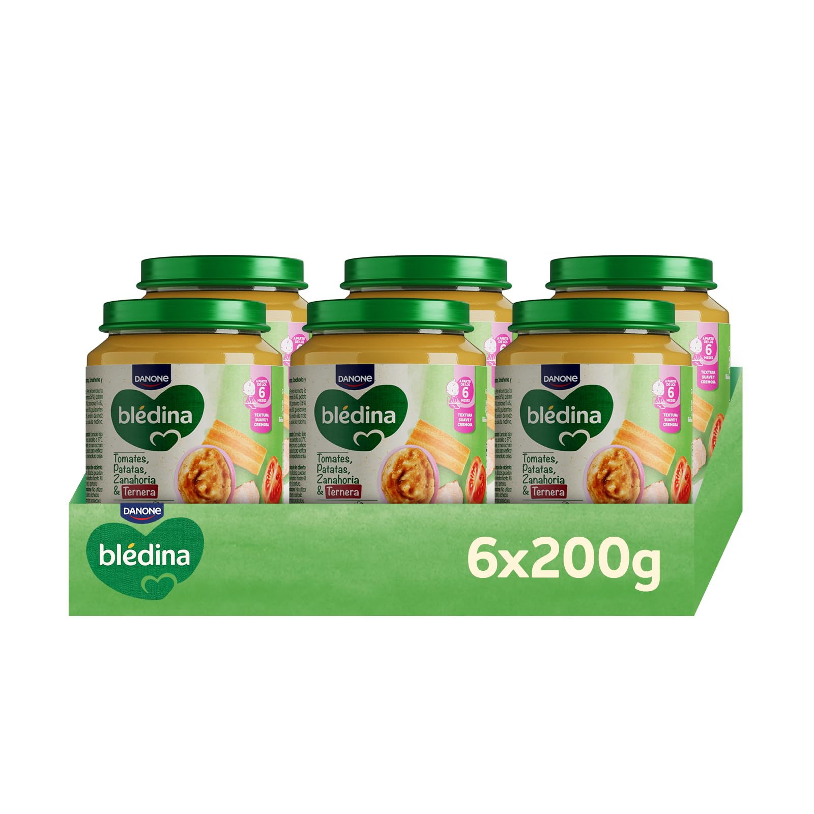 Blédina Tarritos de Tomates, Patatas, Zanahoria y Ternera para Bebé. Tarritos Blédina Sin Sal Ni Azúcares Añadidos y Sin Gluten. Desde los 6 Meses, Pack 6x200g