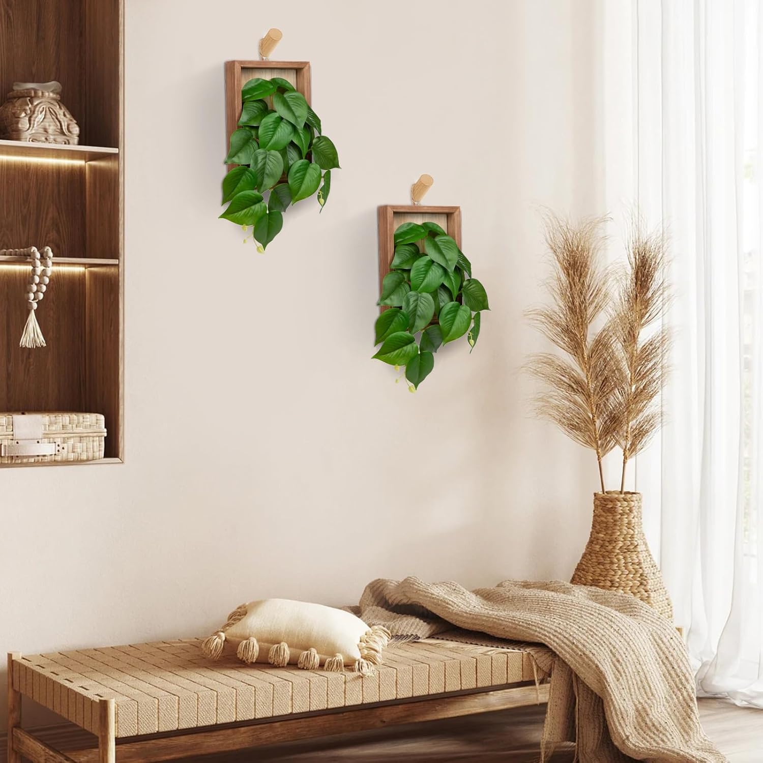DILATATA Artificial Hanging Plants with Wooden Frame 2 Pack Faux Pothos Leaves Hanging Vine Greenery Plants for Living Room Bedroom Farmhouse Office Home Decor - Image 4
