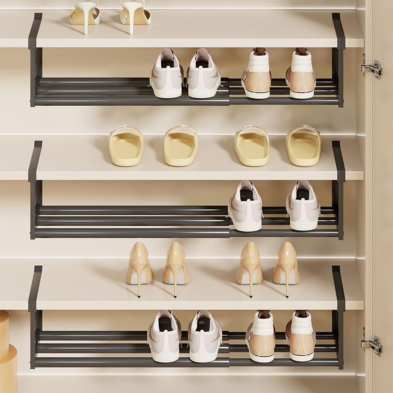 Cabinet Telescopic Shelf - Expandable Shoe Rack Organizer Under Cabinet Shelf, Retractable Hanging Under Desk Rack, Double Your Limited Space (with 0.98" Thick Clips) (Black*2)