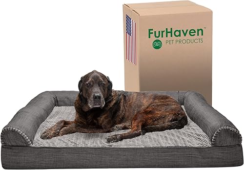 Miniatura 27 de Furhaven Cama para perro, de espuma viscoelástica, estilo sofá, Sherpa y chenilla, café, M (Piel sintética de lujo y lino) Carbón vegetal,(Piel