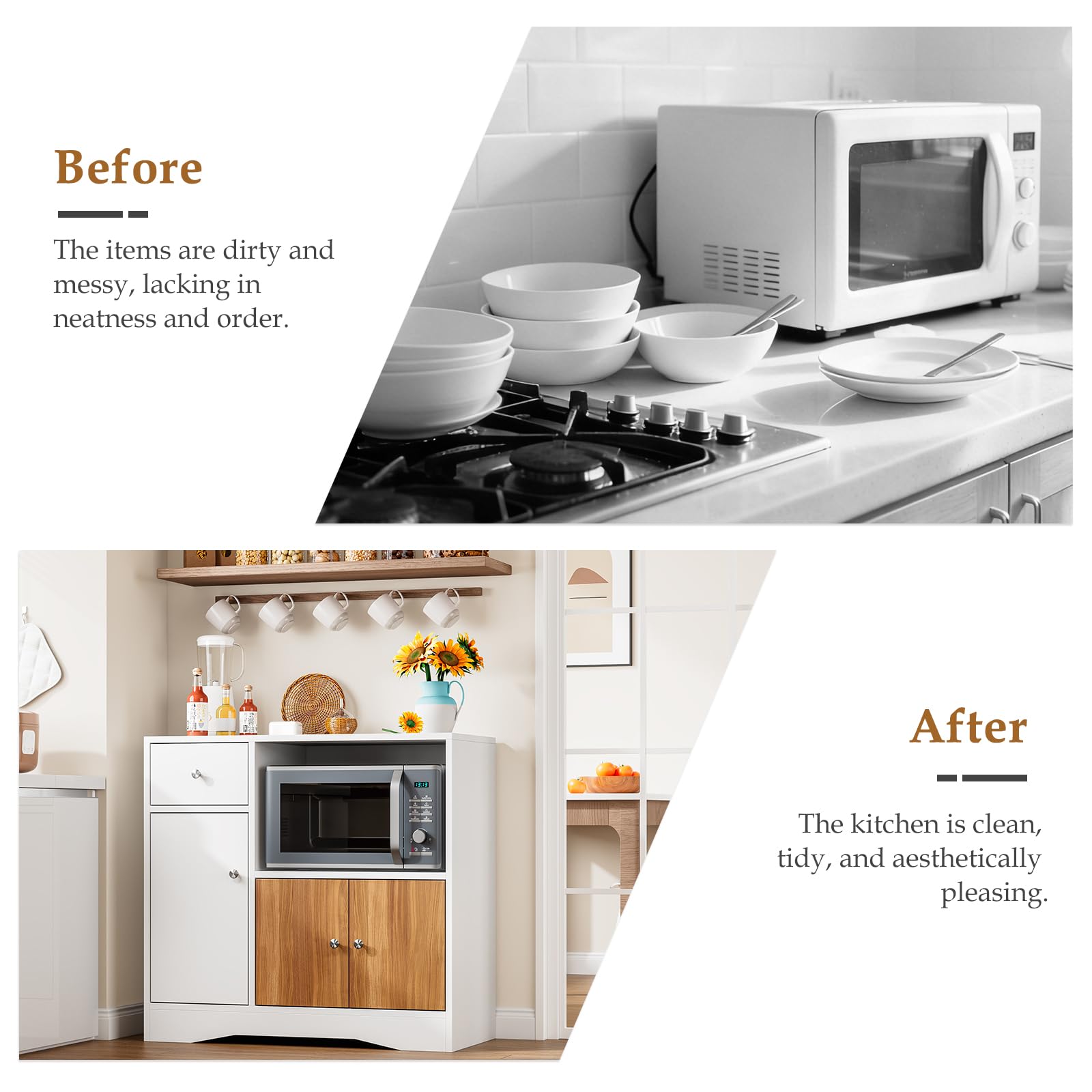 Aparador de Cocina con 3 Puertas, Cajón y Estante para Microondas | Mueble de Almacenaje, Blanco y Madera Natural, 83 × 40 × 80 cm