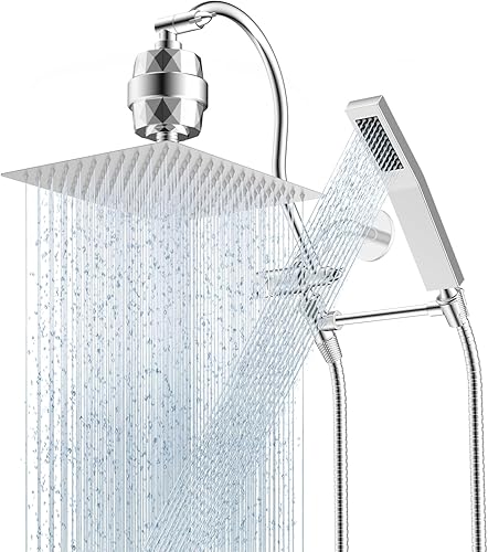 Hibbent All Metal - Cabezal de ducha filtrado de 12 pulgadas, varita de ducha de mano de alta presión, brazo de extensión curvado ajustable de 12