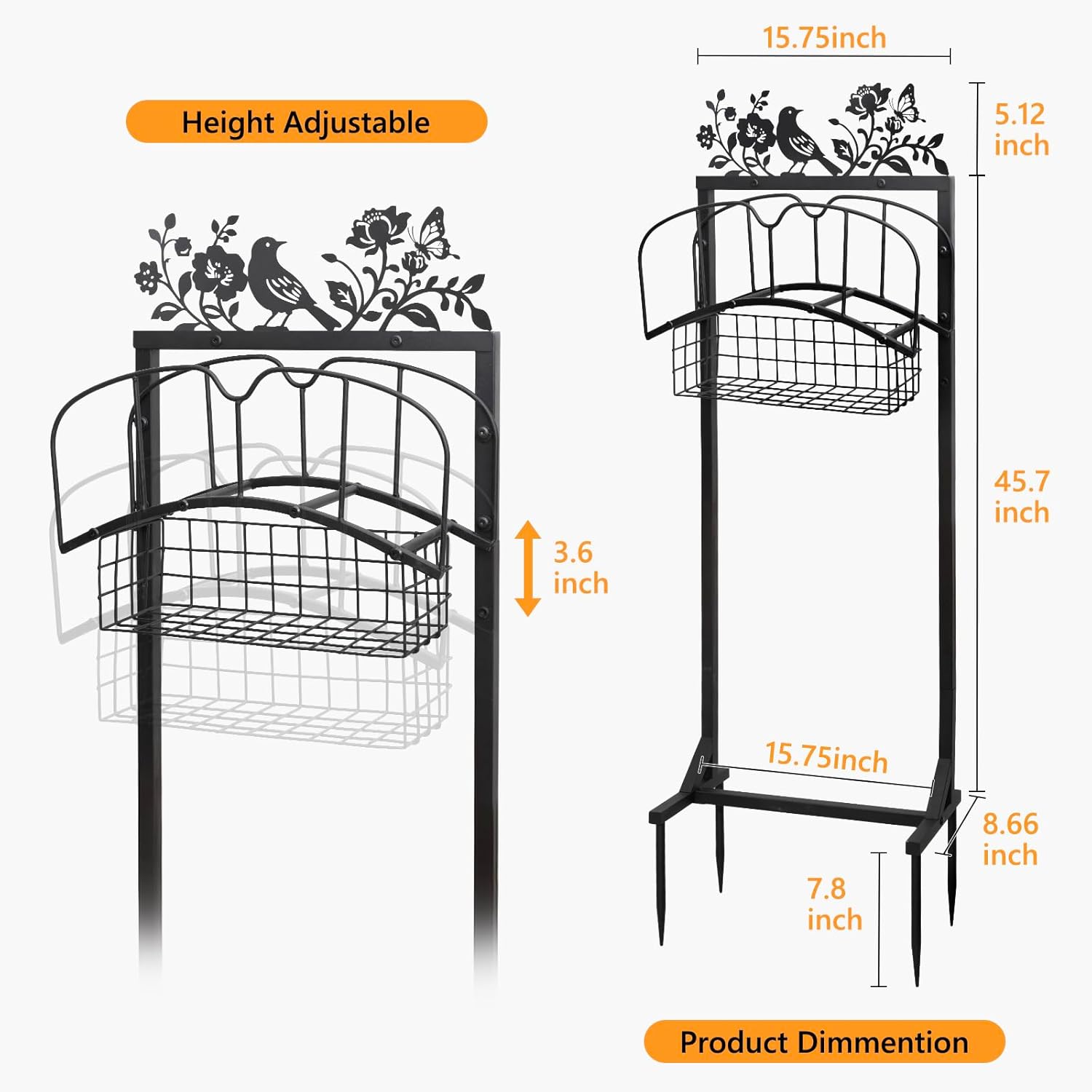 Garden Hose Holder with Metal Decor Signs, Adjustable Height Stable Water Hose Reel Holders with Storage Hanger Basket Rack, Holds 150 ft Pipe Freestanding Decorative Stand for Outdoor Yard Lawn Farm