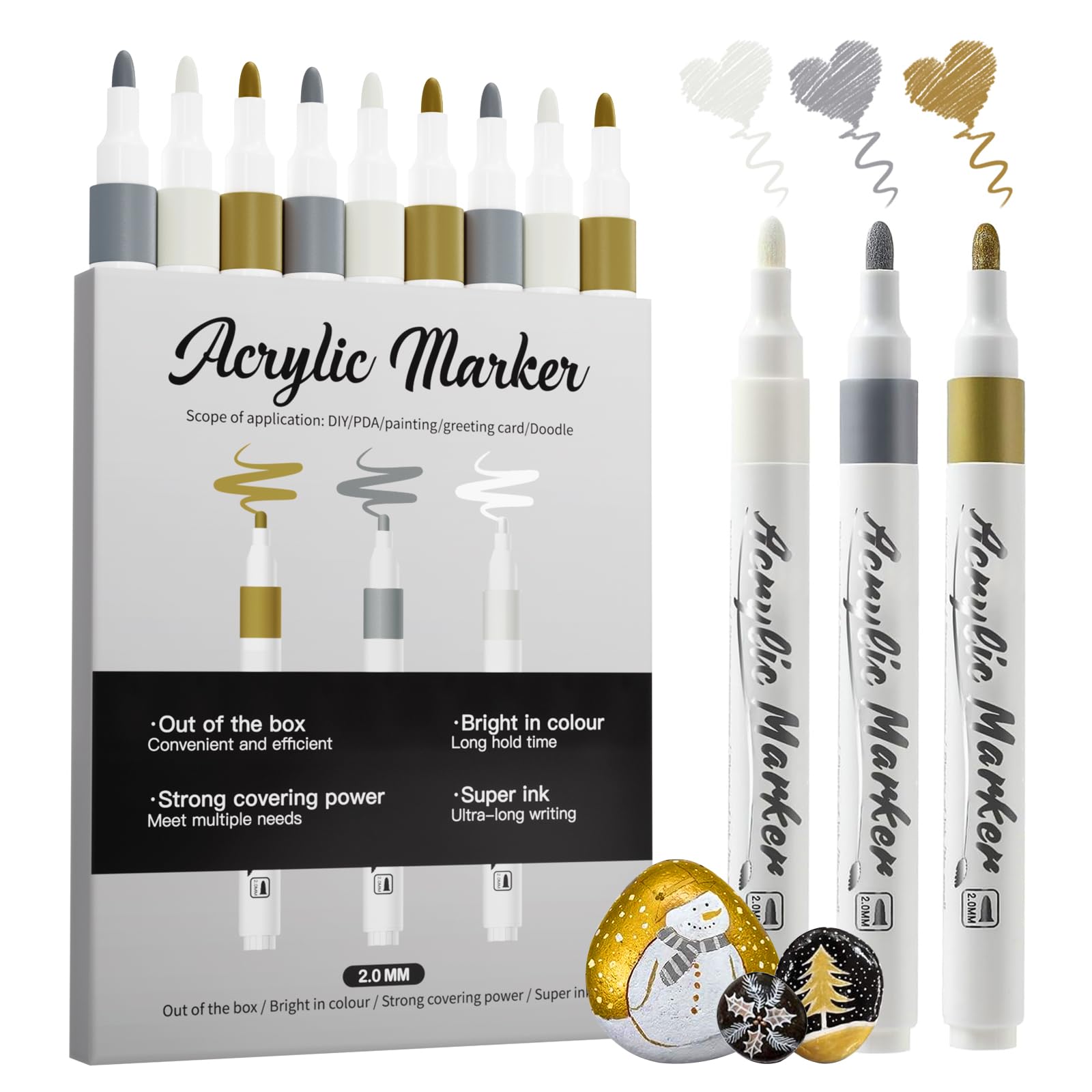 Rotuladores de Pintura Acrílica, paquete de 9 Marcadores Acrílicos, Punta Media de 2-3mm, Rotuladores de Color Blanco, Dorado y Plateado para Proyectos Artísticos, Dibujo, Pintura en Piedra