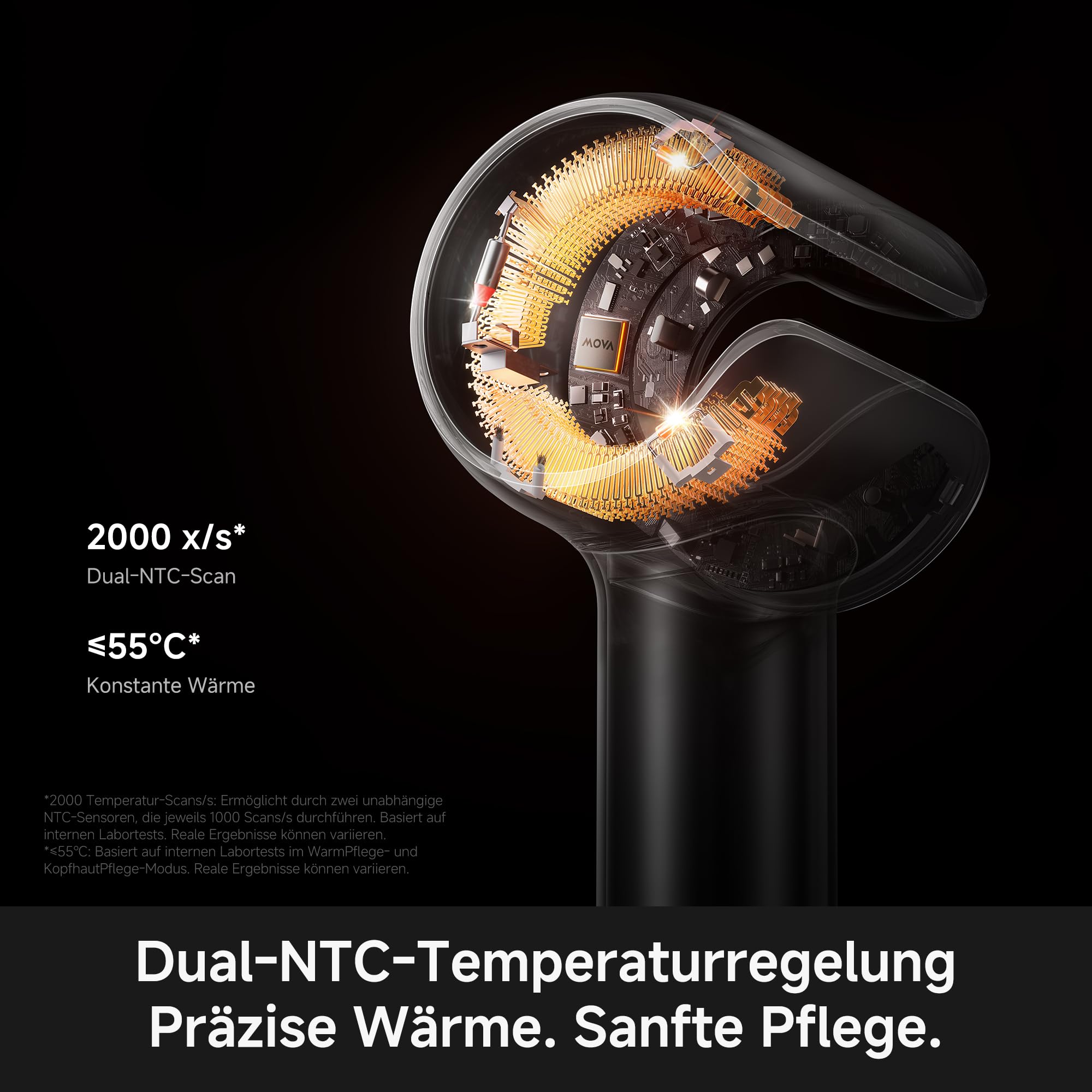 MOVA Aero C Hochgeschwindigkeits-Haartrockner | C-förmigem DualForce-Zyklon,GlossFlow C-Kammer, sanftem Wide-Flow-Trocknen, Dual-NTC, 360°-Plasmatechnologie,3-Düsen-Styling