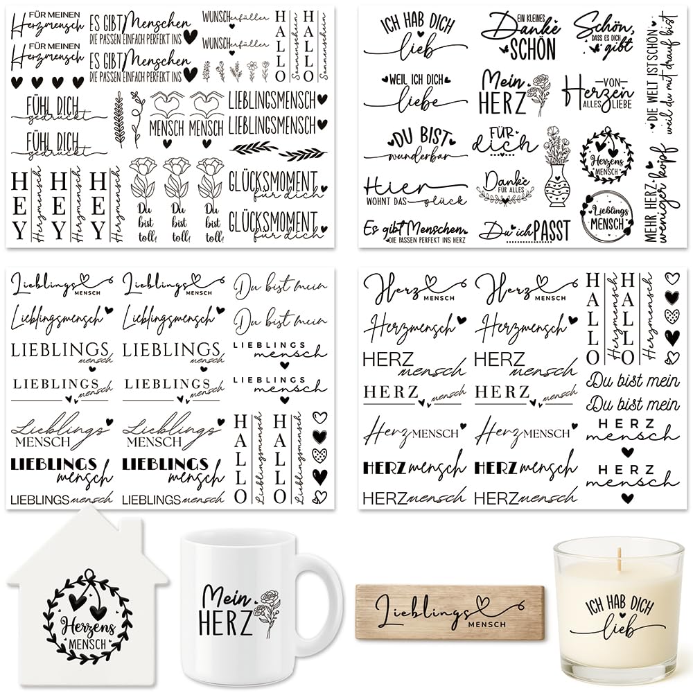Farbeele 4 Stück Rub On Sticker, Transferaufkleber Folie 19x14cm für Glas, Holz, Karten, Scrapbooking, DIY Handarbeiten, Basteln, Geschenkidee, Wohndeko, Party Deko