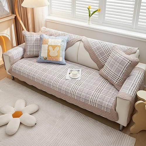 vctops Funda de sofá de algodón suave con borde festoneado, funda acolchada de retazos para sofá modular, funda antideslizante para sofá, protector