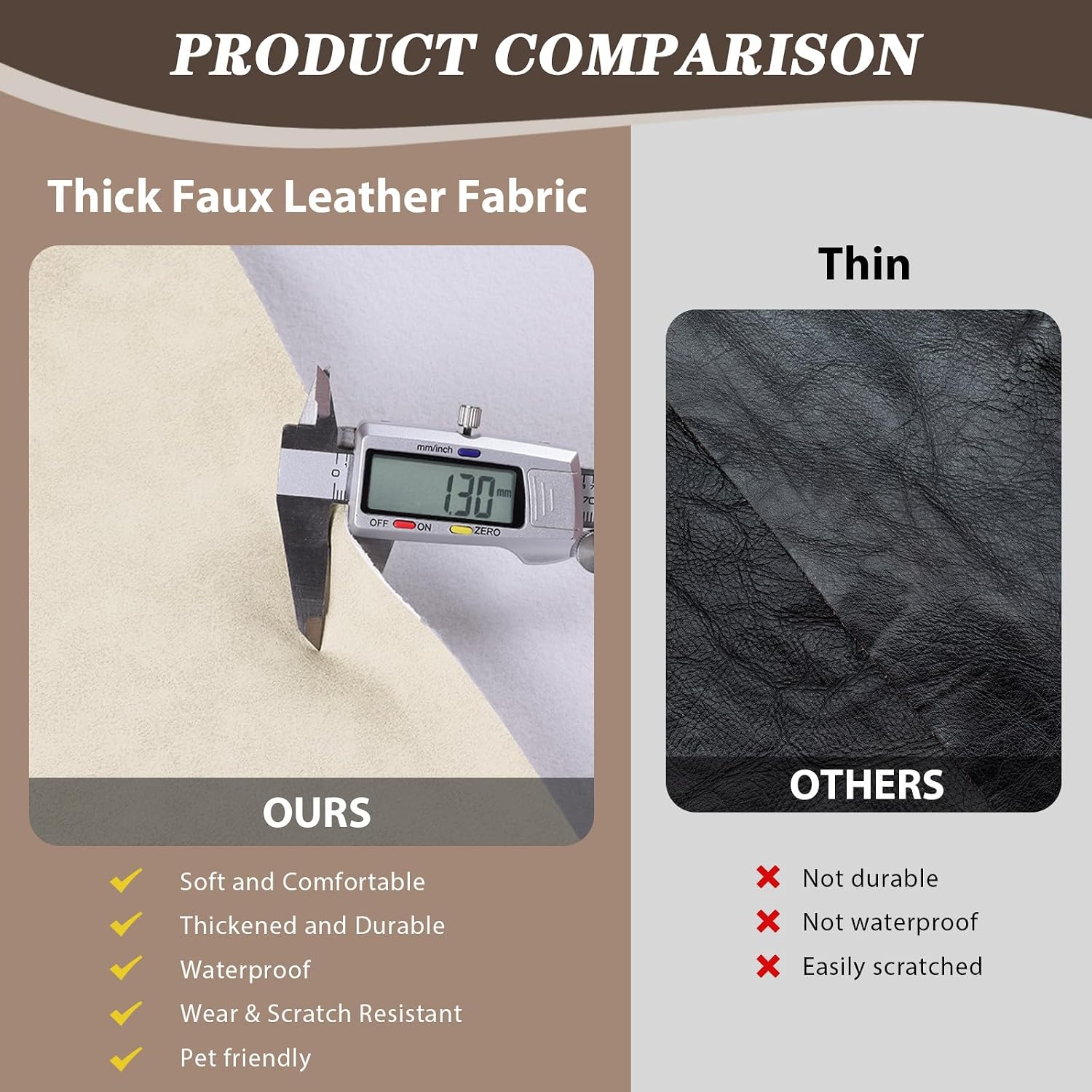 Faux Leather Vinyl Upholstery Fabric by The Yard, 1.3mm Thick Soft Anti-Scratch Durable Marine Vinyl Fabric Synthetic Leather for Sofa Bags Chairs Car Seats DIY Crafts, 3 Yards Cut 55"x108" (Beige)