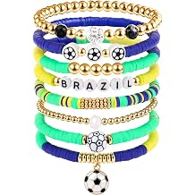 Soccer Gifts for Women, Brazil Football Bracelet, Beaded Stackable Bands with Brazil Flag Charms, Game Day Sports Fan Jewelry, Birthday Holiday Gifts for Friends Family Couples