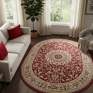 TAPISO Atlas Oval Teppich Kurzflor Rot Beige Dunkelrot Klassischer Orientteppich Ornament Floral Mäander Vintage Wohnzimmer Schlafzimmer ÖKOTEX 140 x 200 cm